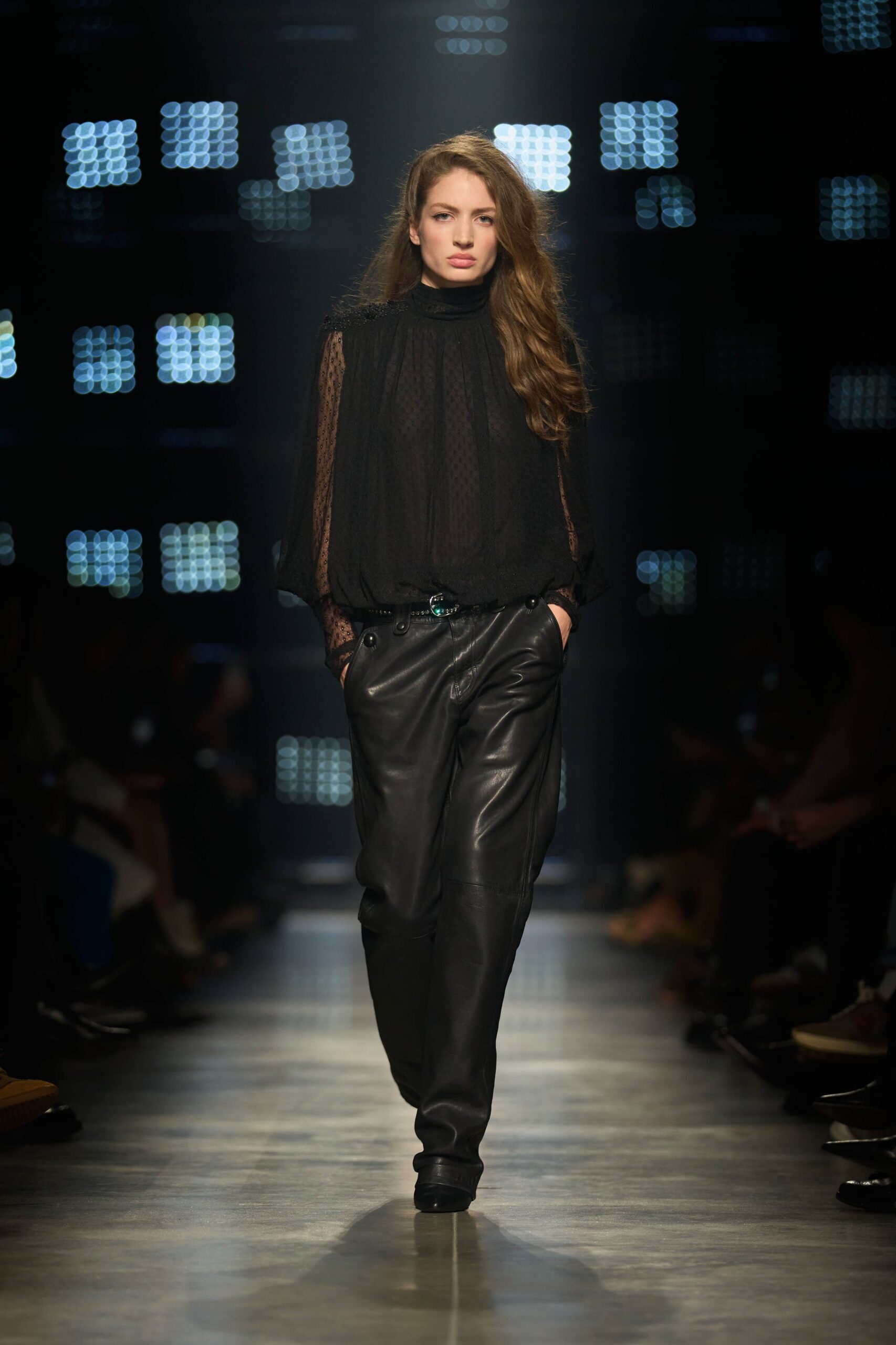 black silk long-sleeve high-neck relaxed textured top