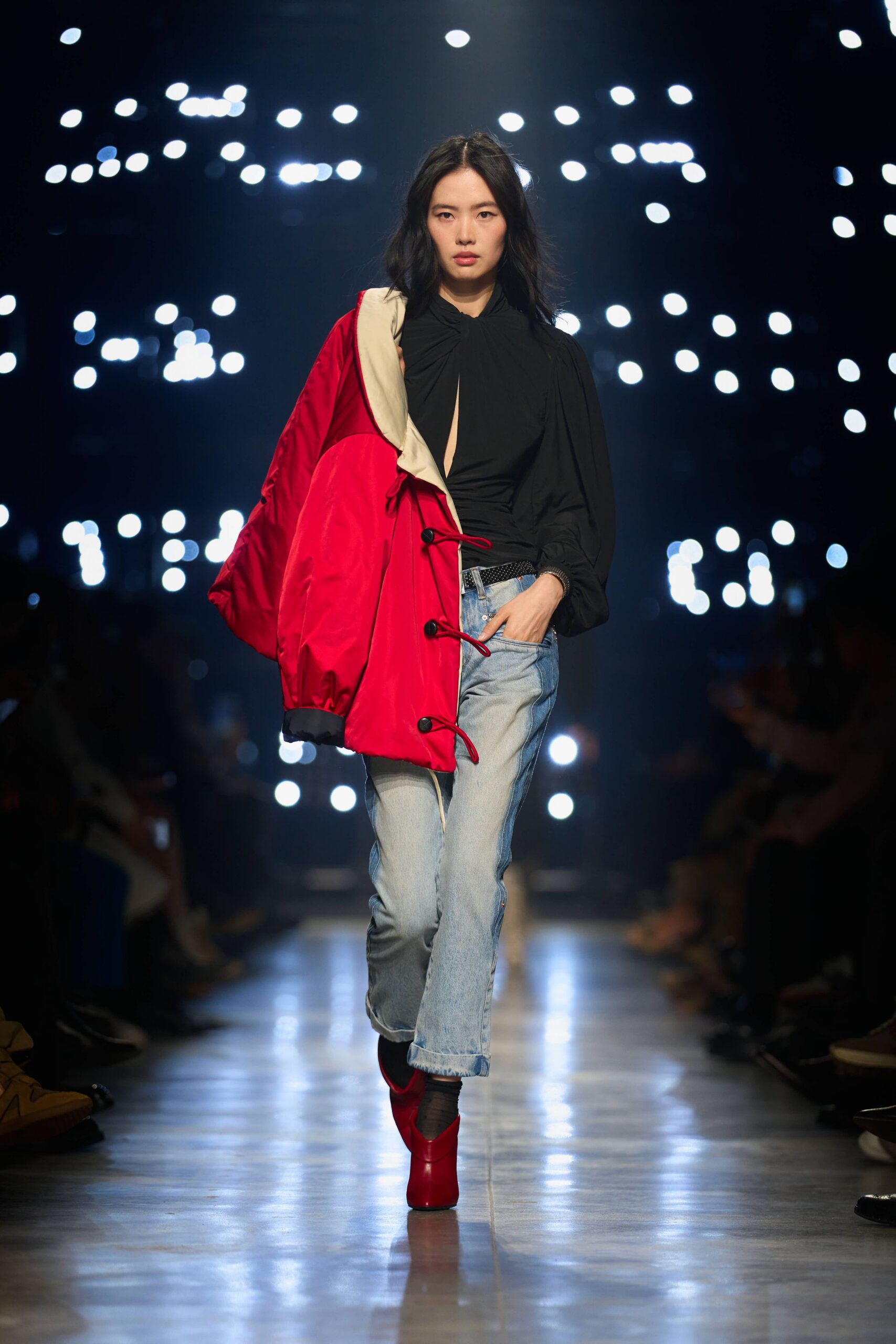 red cotton long-sleeve collared relaxed zippered jacket