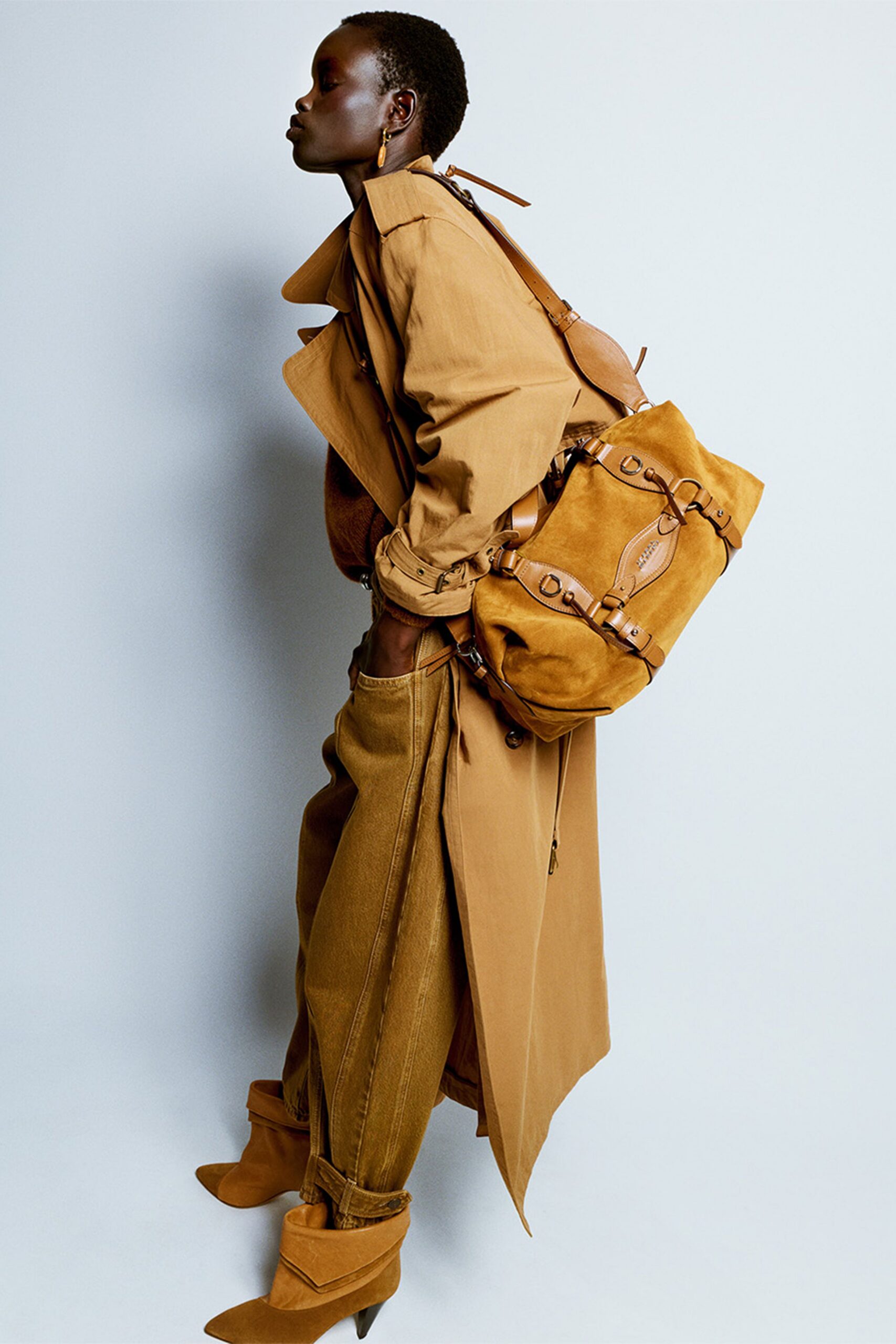 brown denim fitted straight-leg pants