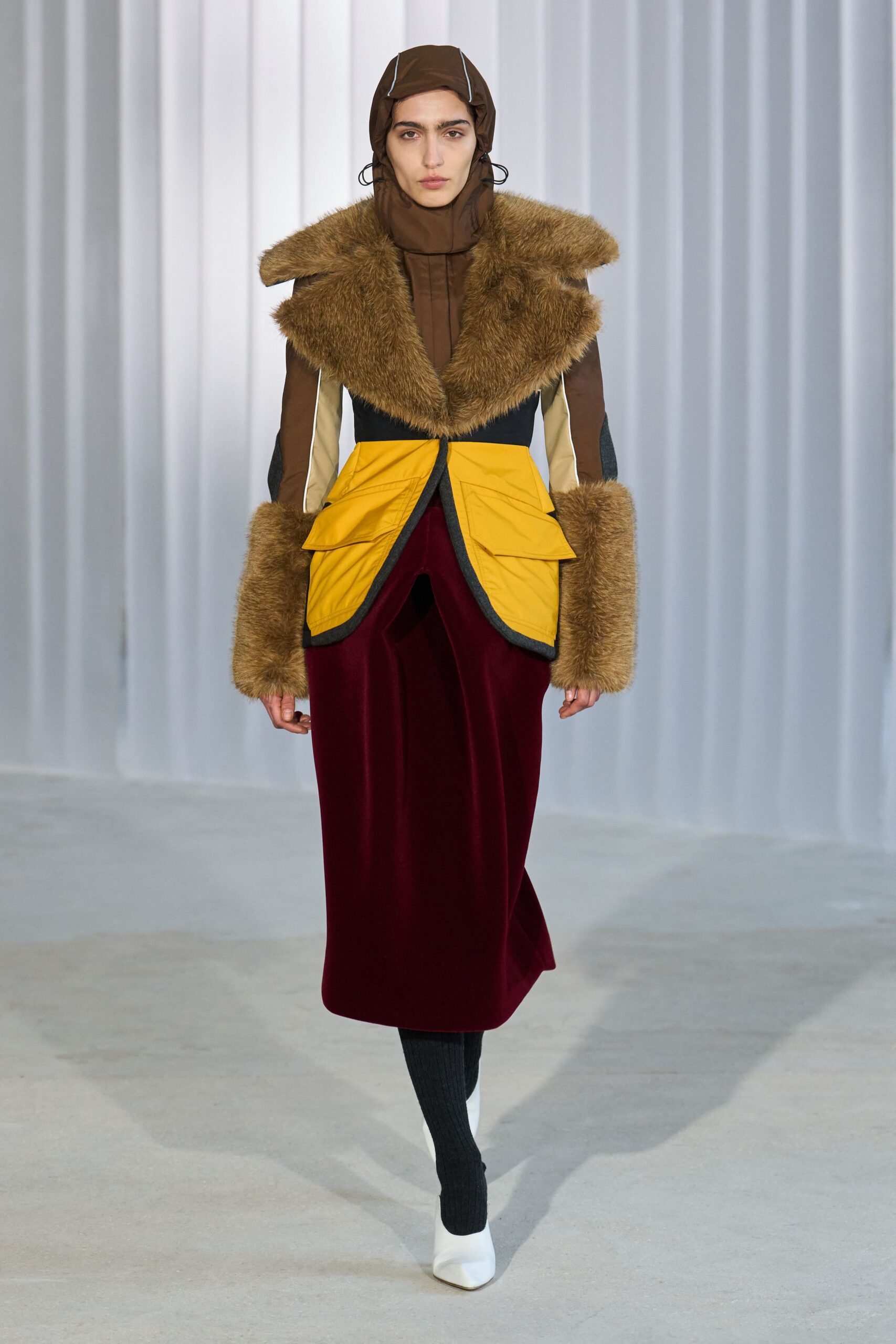 brown fur long-sleeve structured layered zippered coat