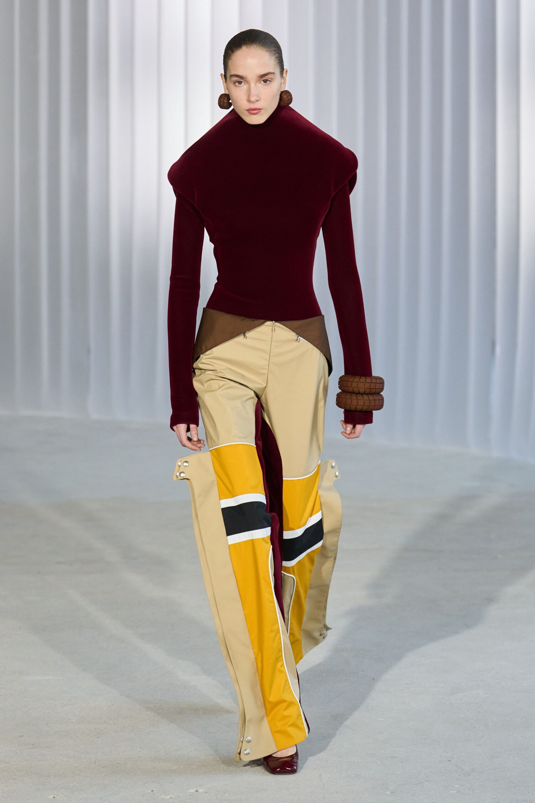 red cotton long-sleeve high-neck fitted layered top