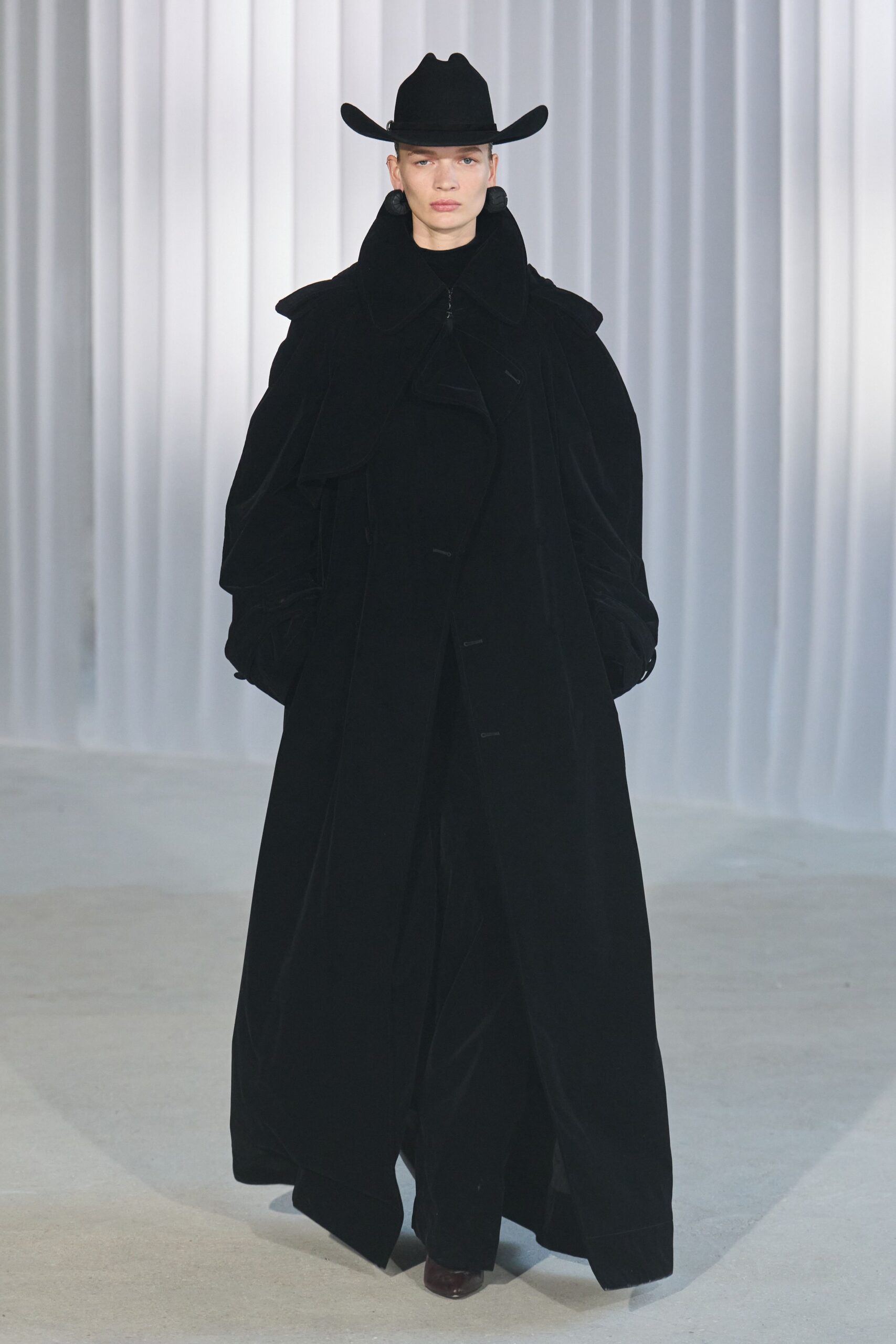 black velvet long-sleeve collared oversized buttoned maxi coat