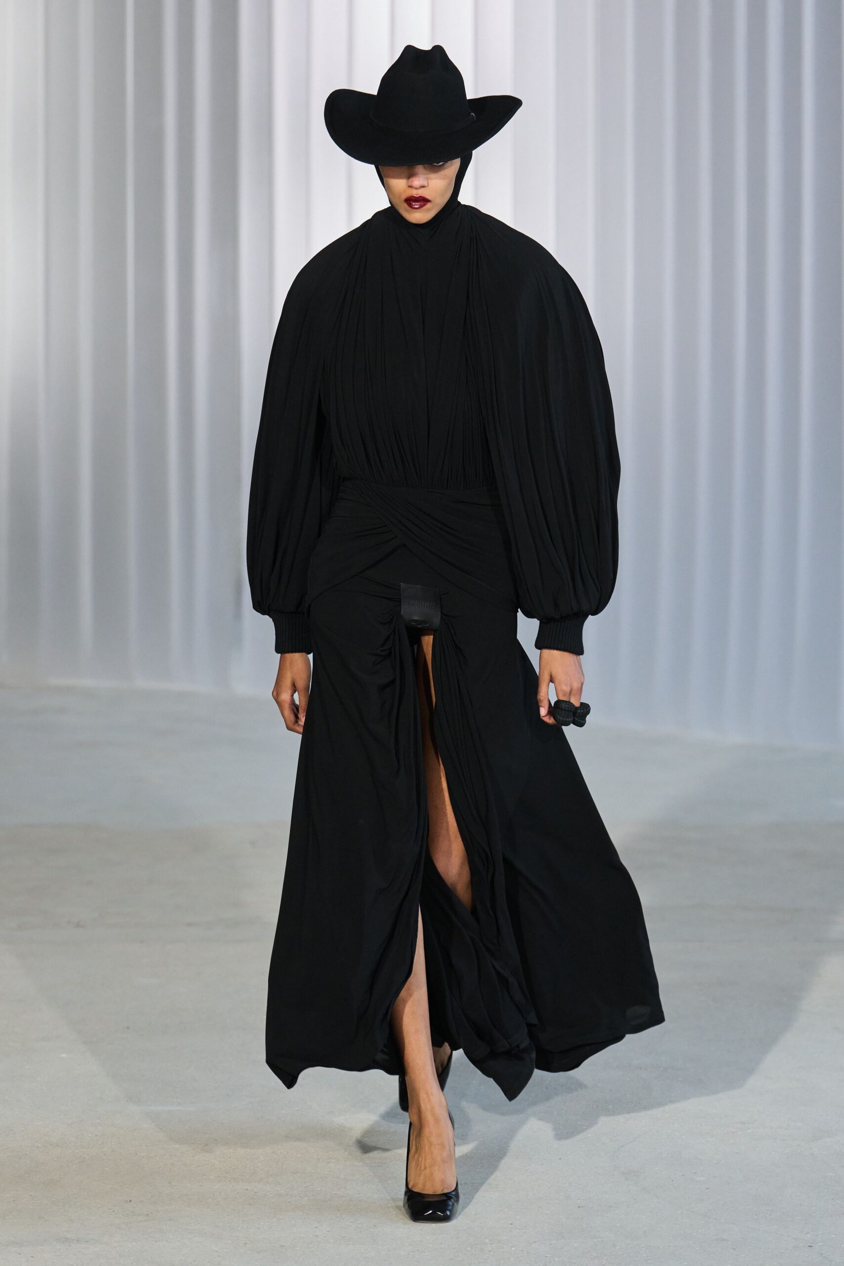 black silk draped gown with hat
