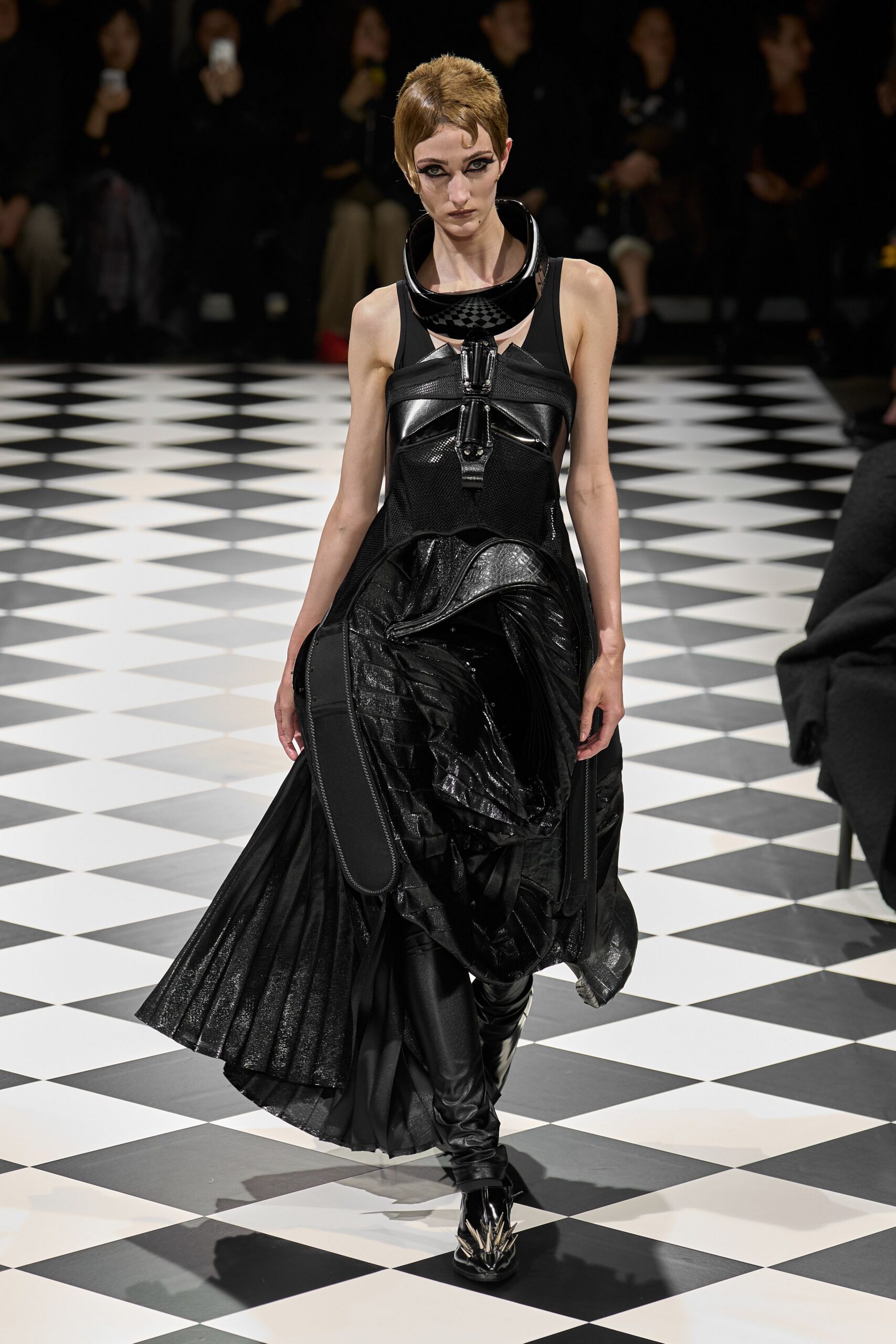 black leather sleeveless high-neck fitted pleated layered dress