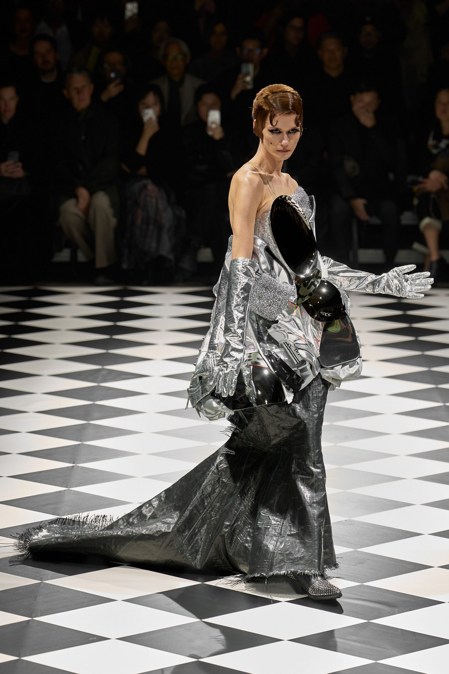 gray metallic strapless fitted draped tiered shiny gown