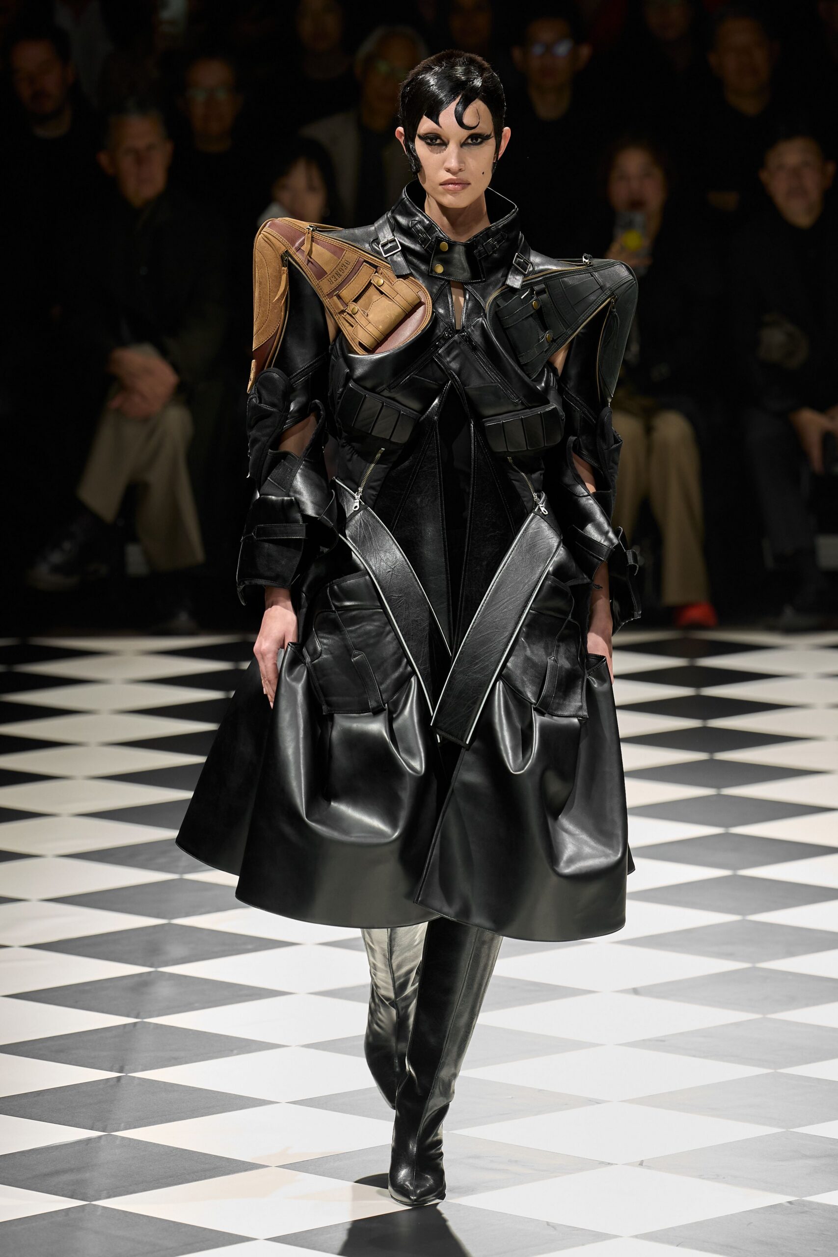 black leather long-sleeve v-neck fitted pleated layered dress