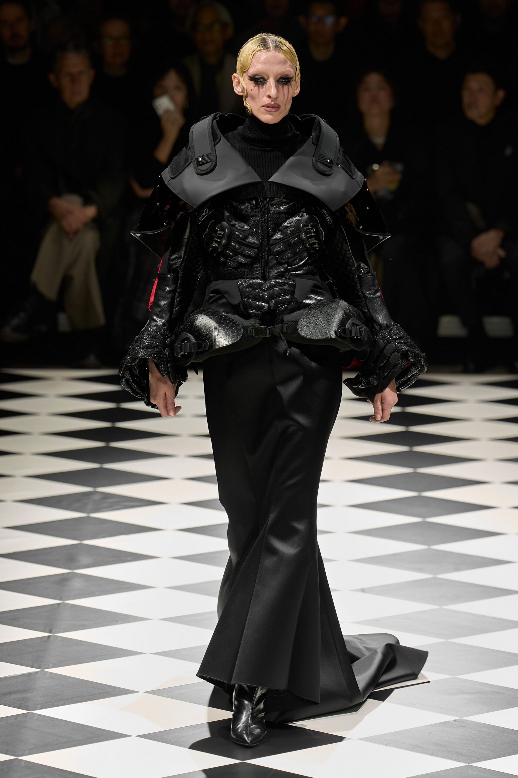 black silk long-sleeve high-neck fitted structured layered gown