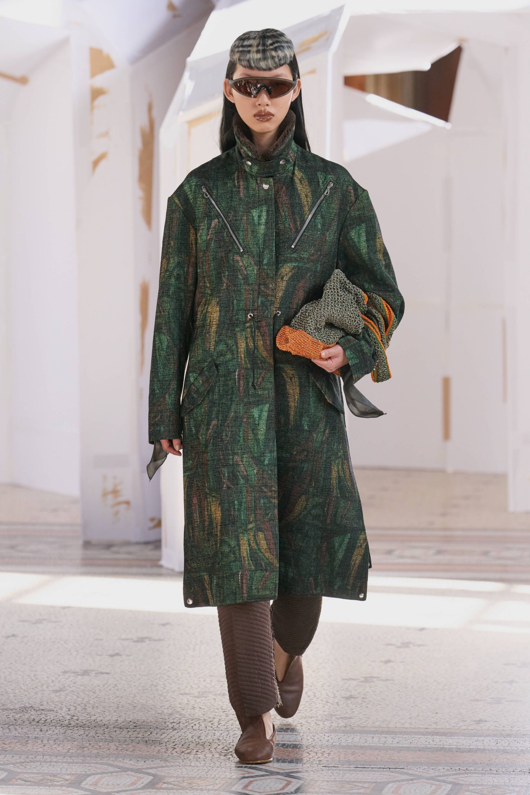 green printed coat with accessories