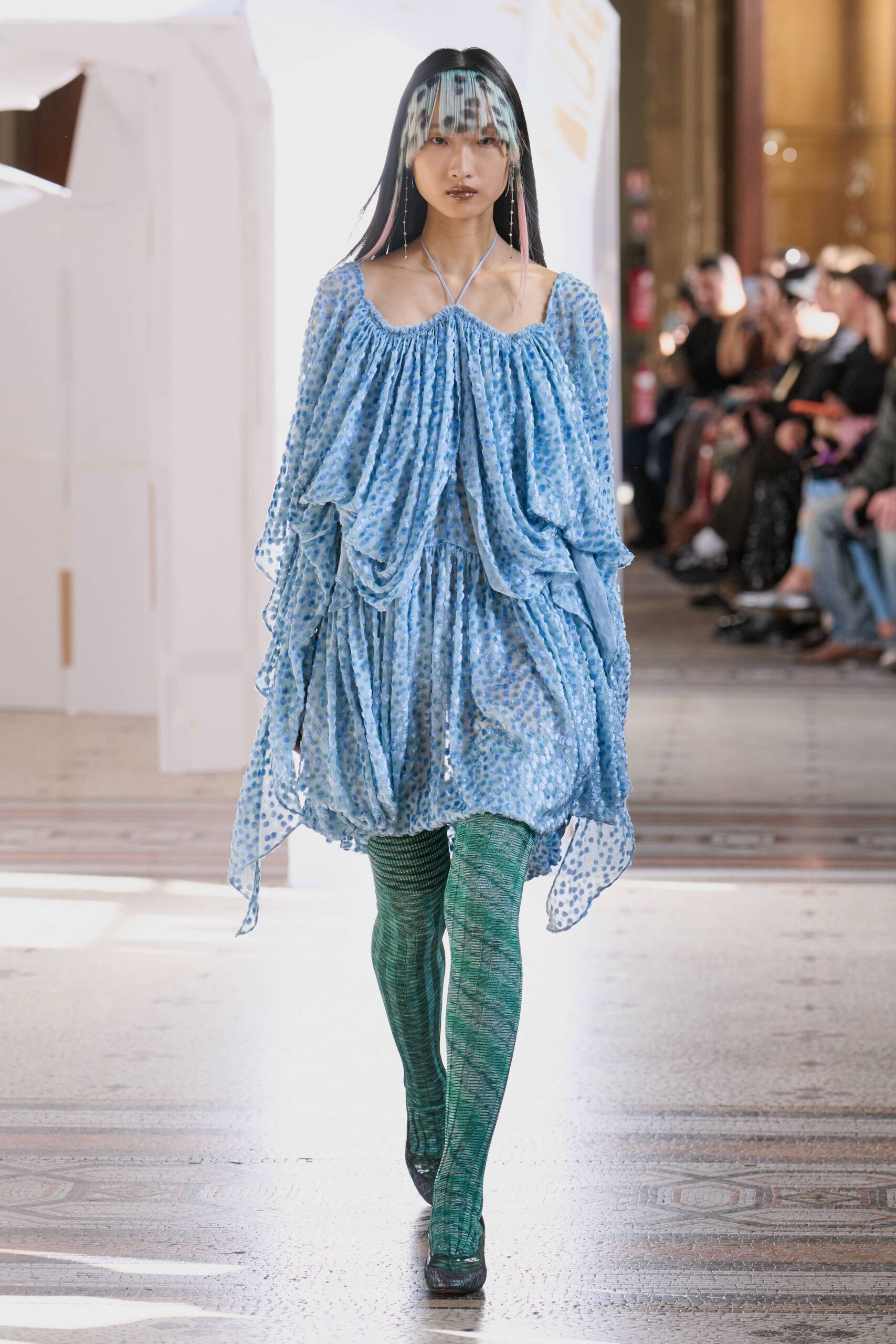 blue chiffon long-sleeve off-shoulder relaxed ruffled layered dress