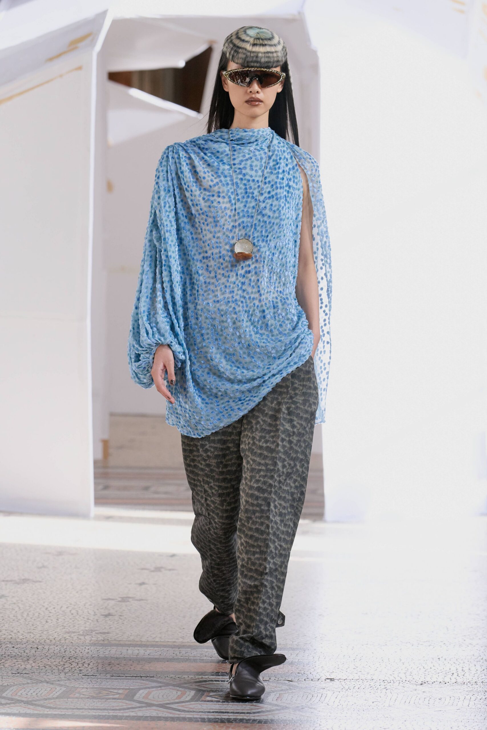 blue chiffon long-sleeve off-shoulder relaxed draped sheer top