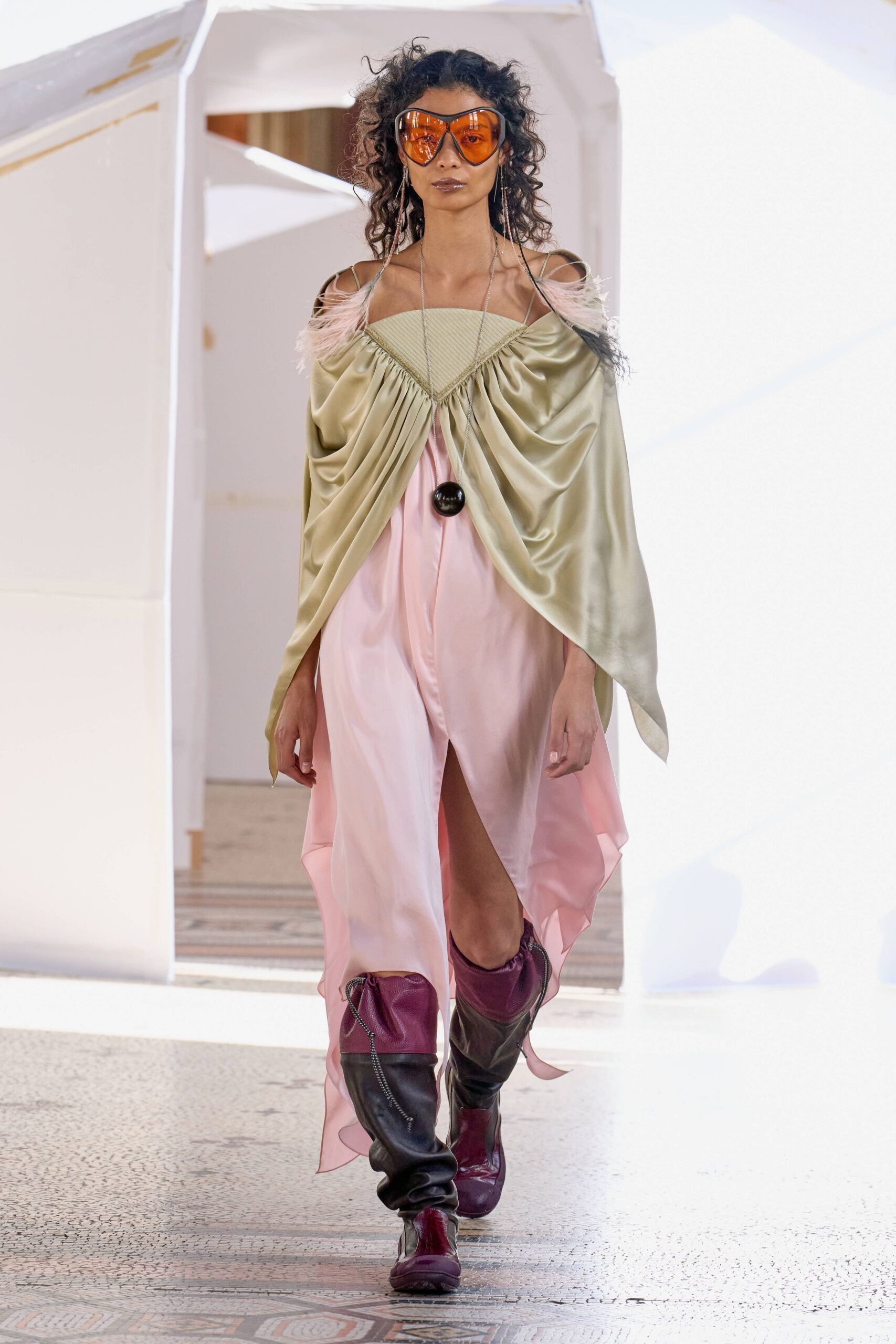 green silk off-shoulder slit fitted draped flowing dress