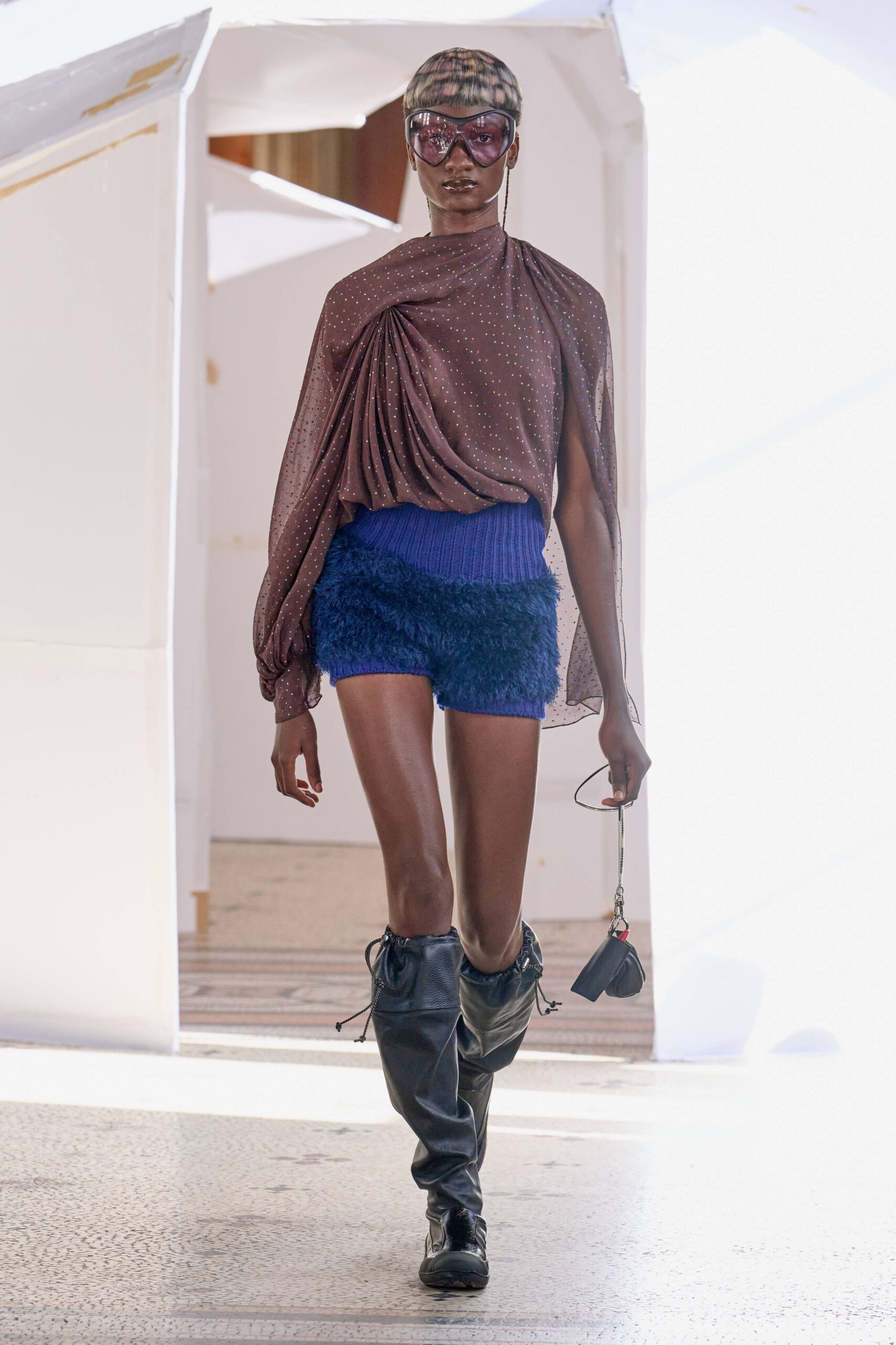 brown silk long-sleeve asymmetric fitted draped top