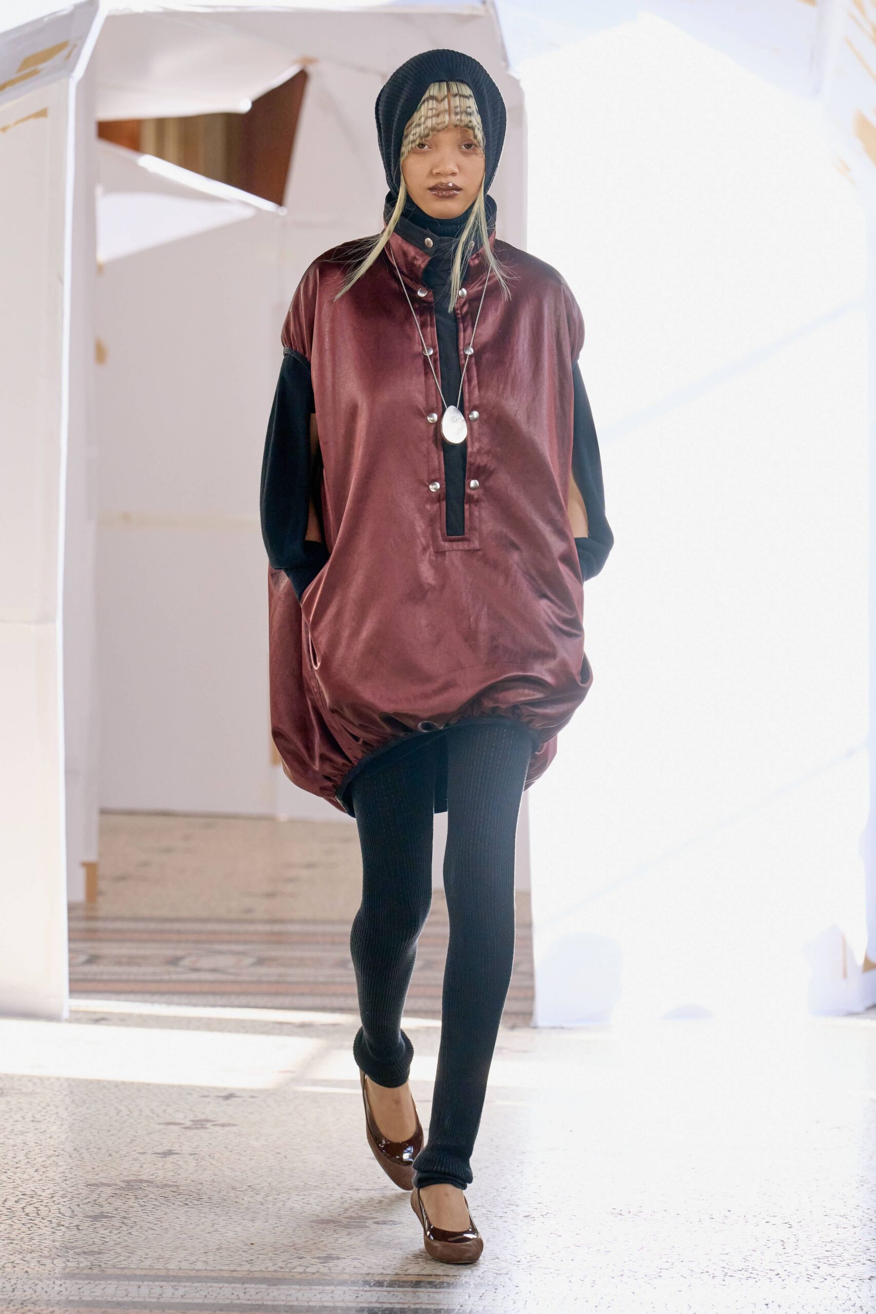 red silk long-sleeve collared oversized zippered top