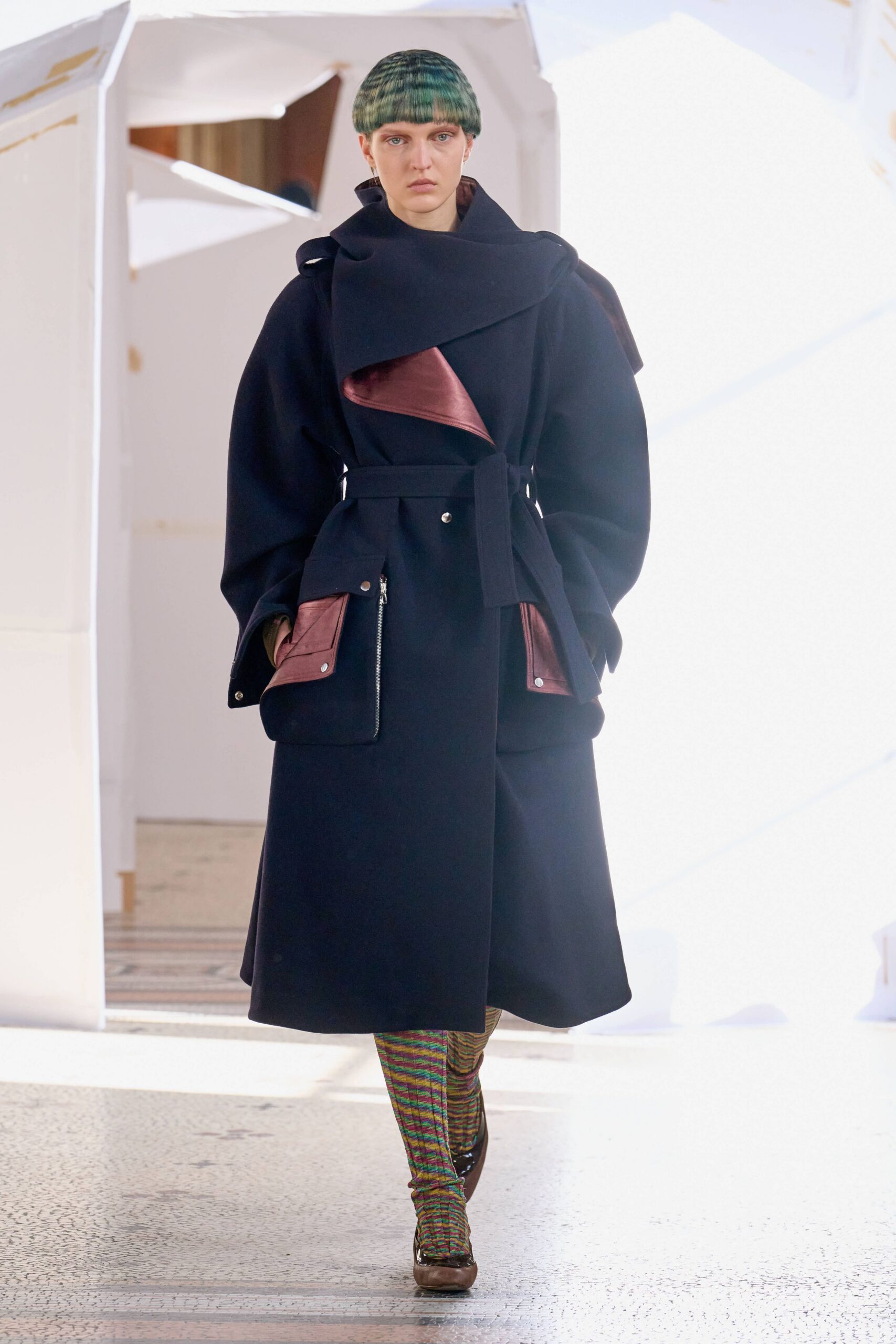 blue wool long-sleeve collared relaxed belted zippered coat