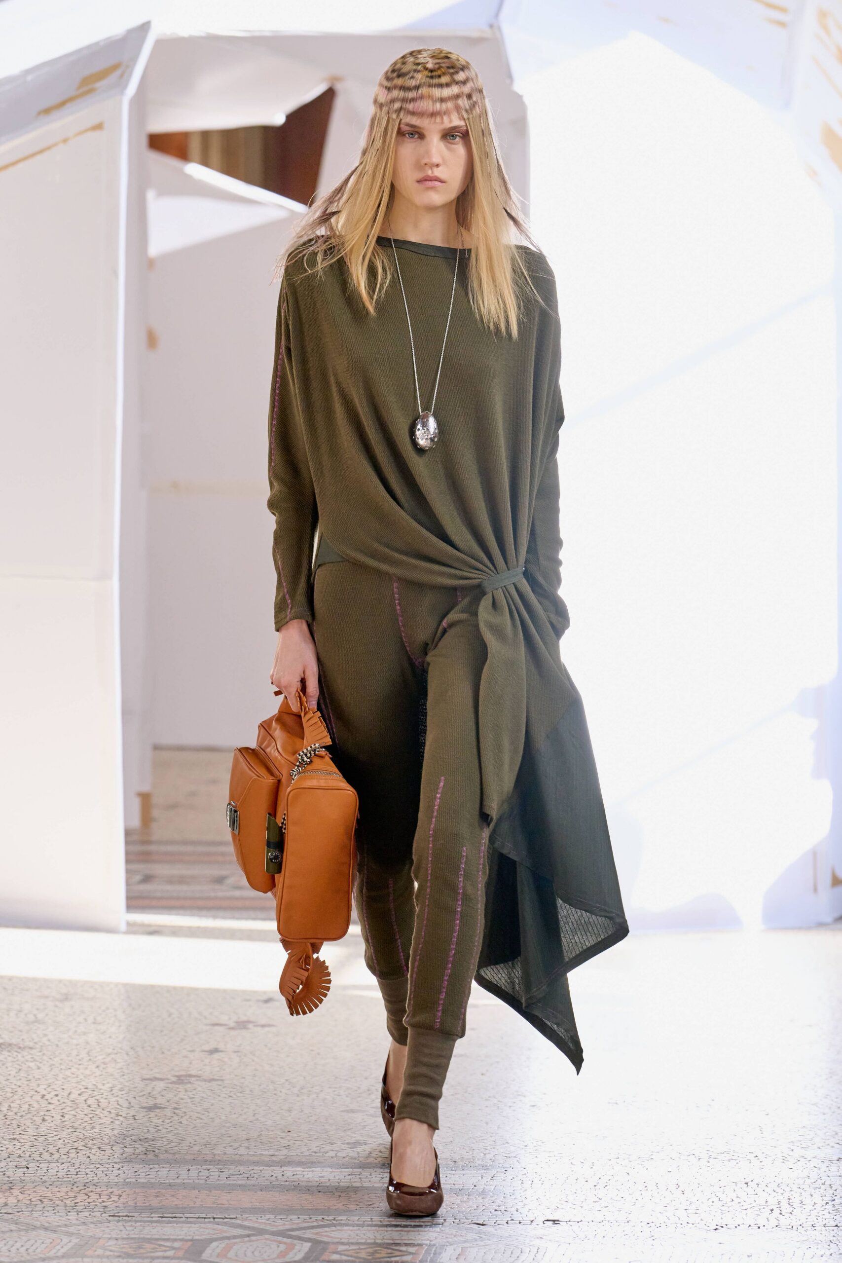 green cotton long-sleeve v-neck relaxed draped layered jumpsuit