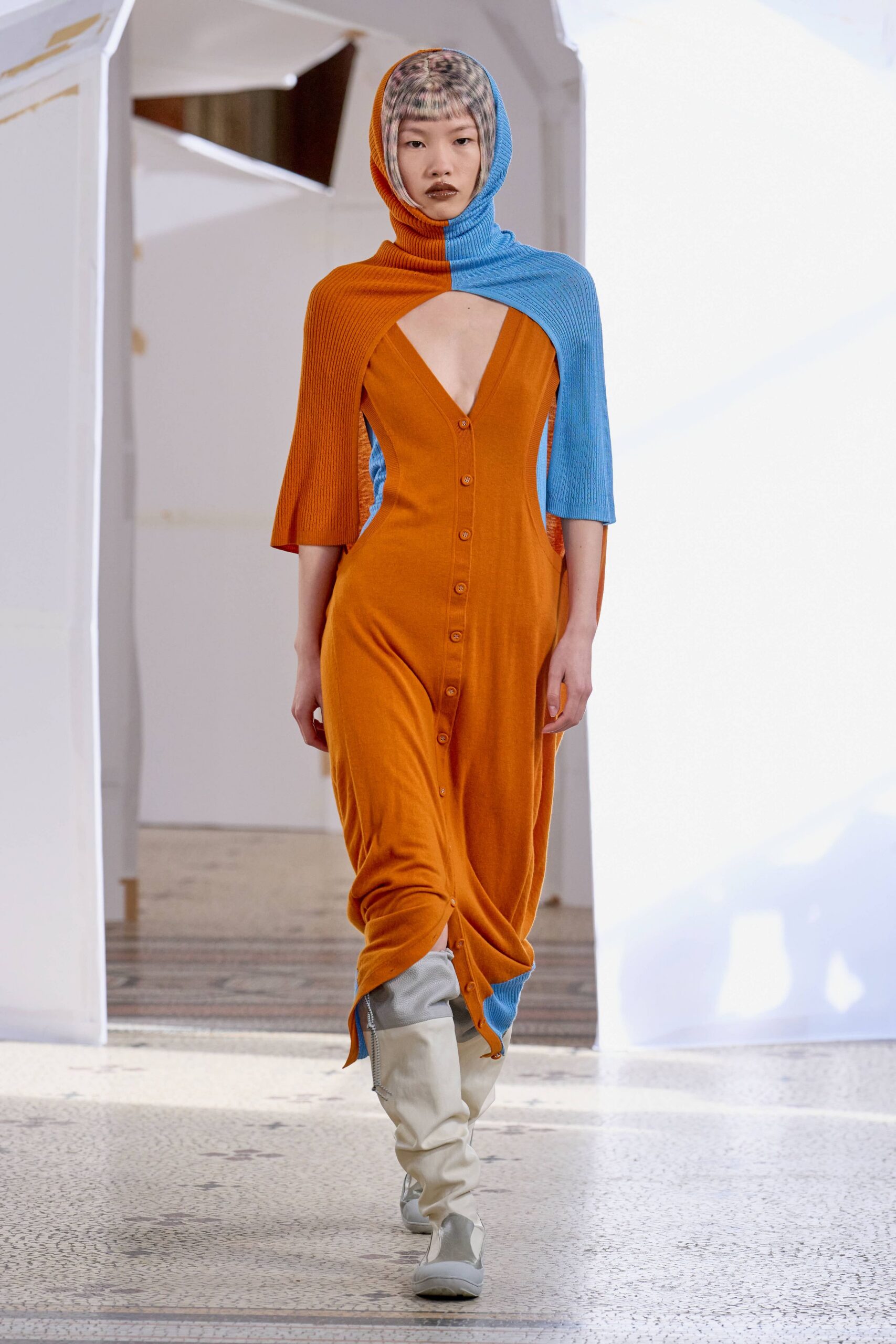 orange cotton sleeveless v-neck fitted buttoned midi dress