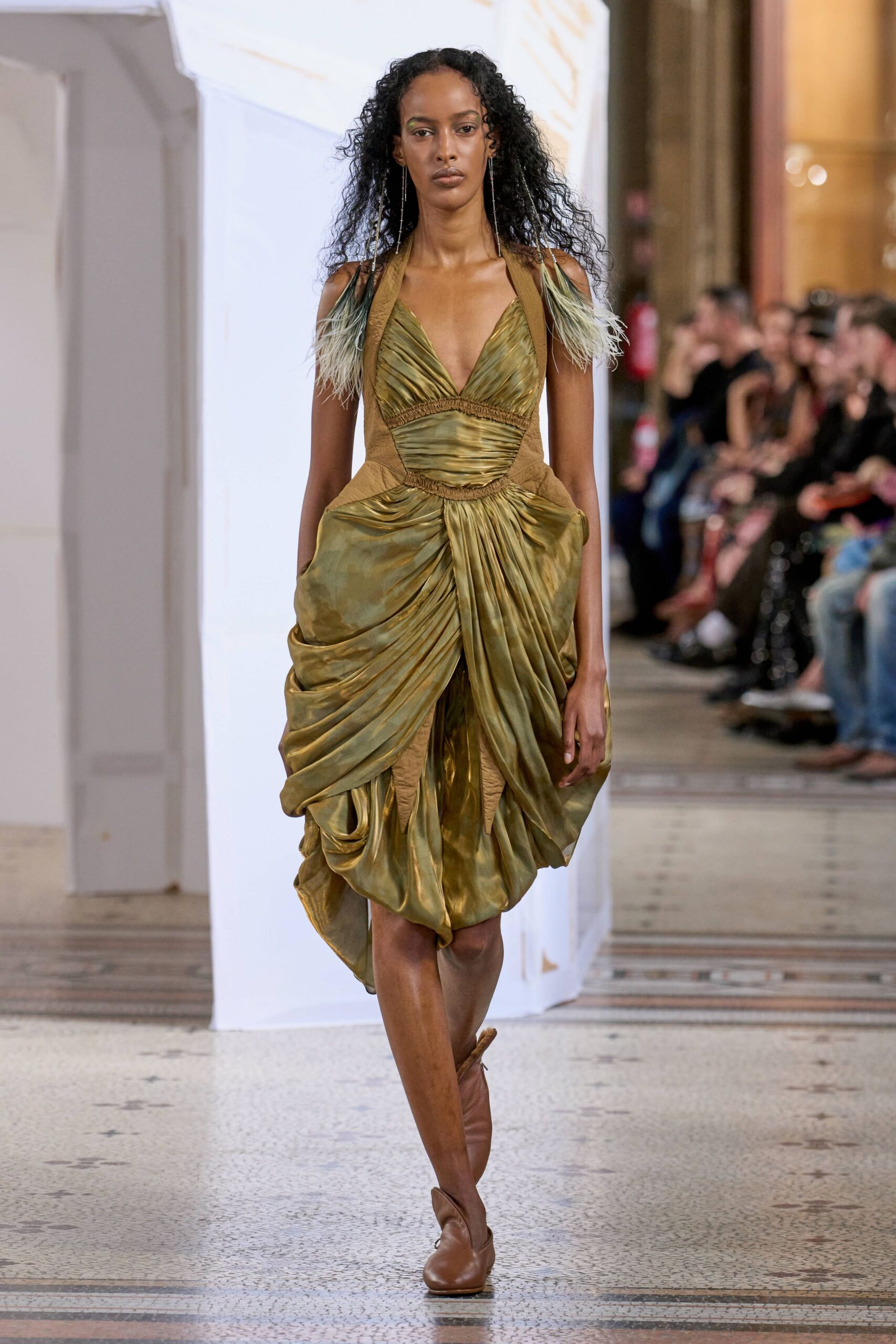 gold silk sleeveless v-neck fitted draped pleated dress