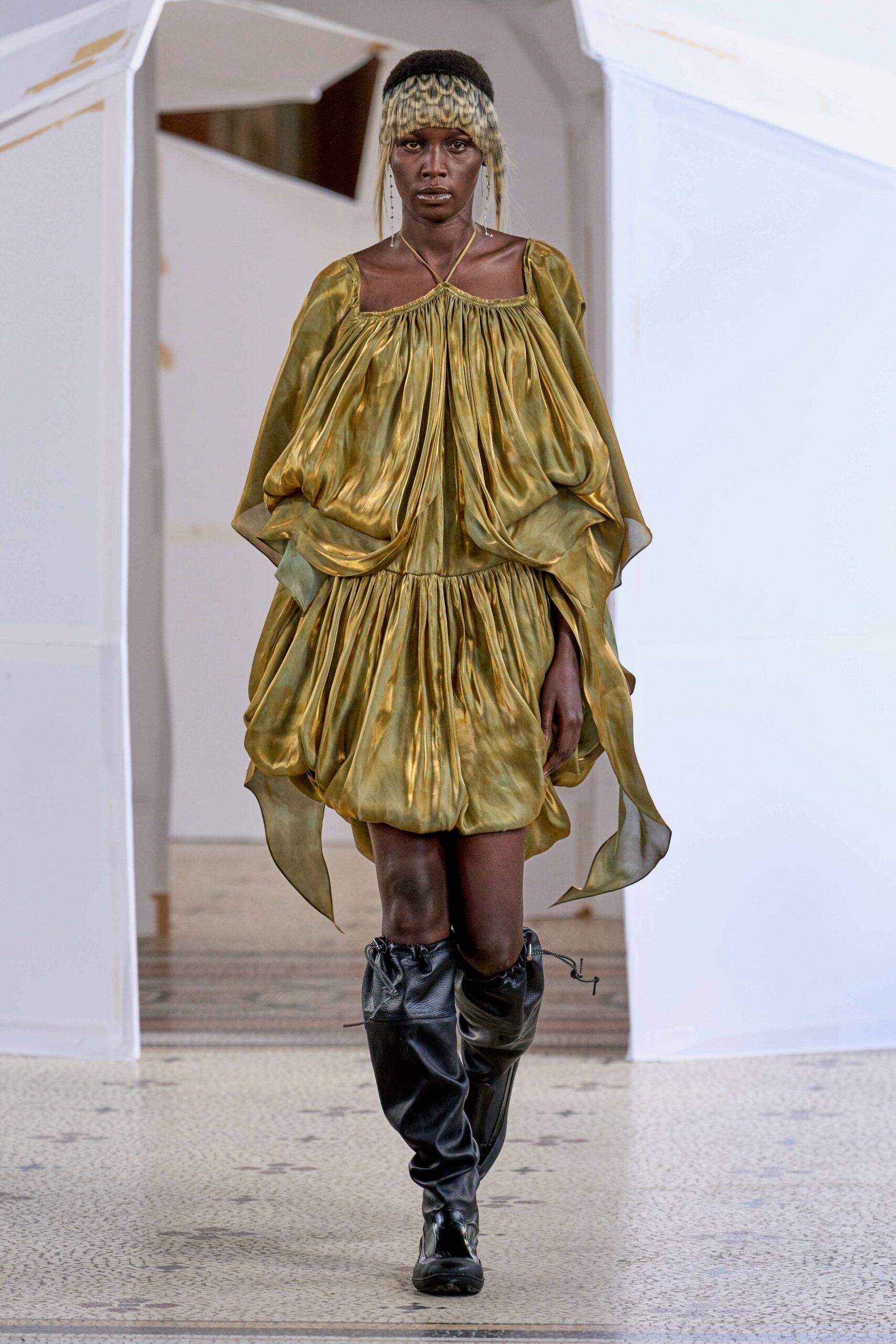 gold silk off-shoulder long-sleeve relaxed pleated draped dress