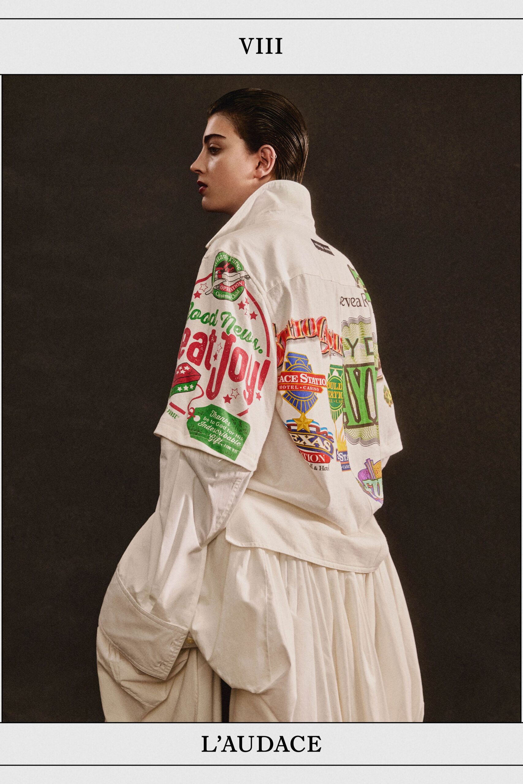 white cotton short-sleeve collared oversized printed shirt