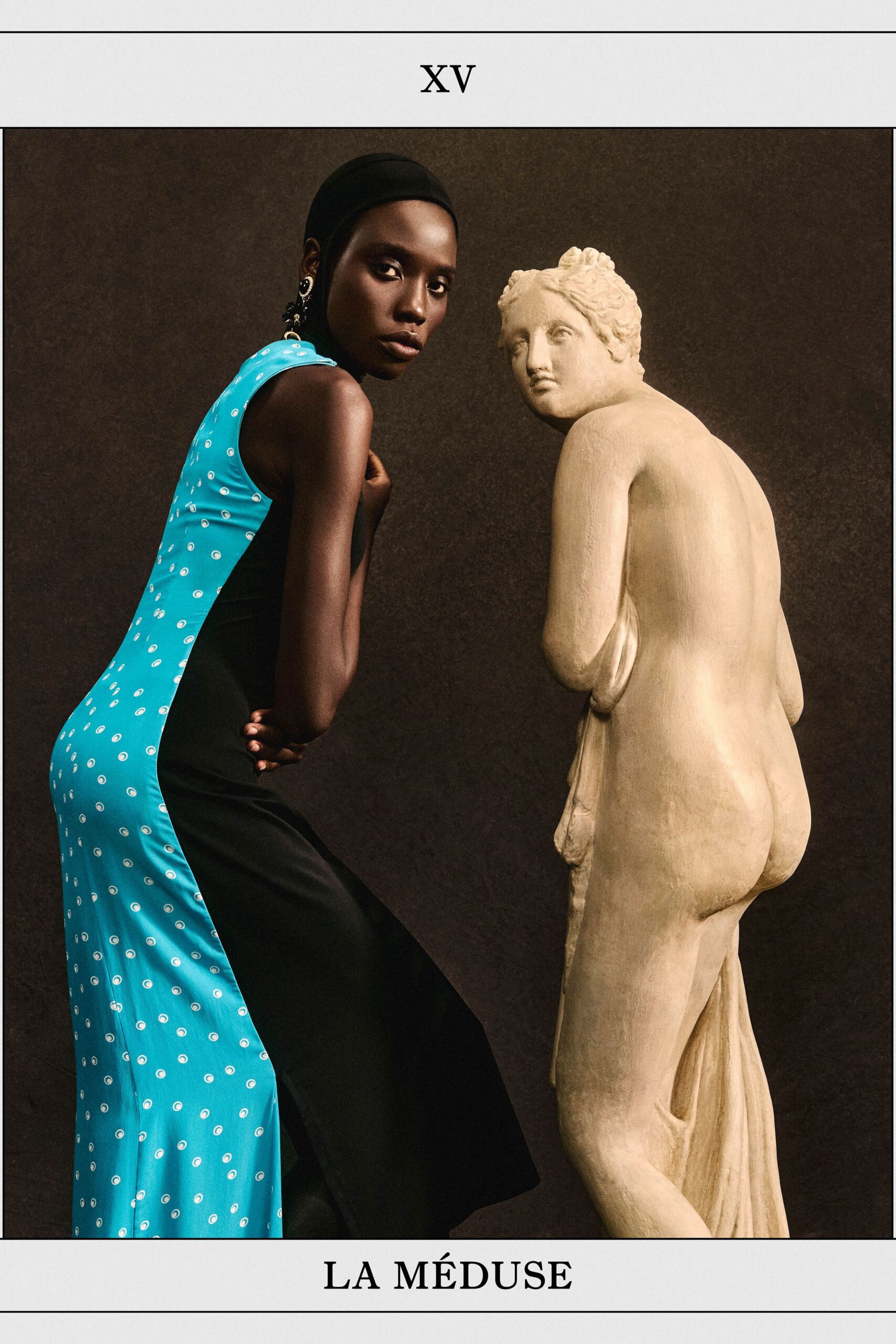 blue black white polka-dot dress