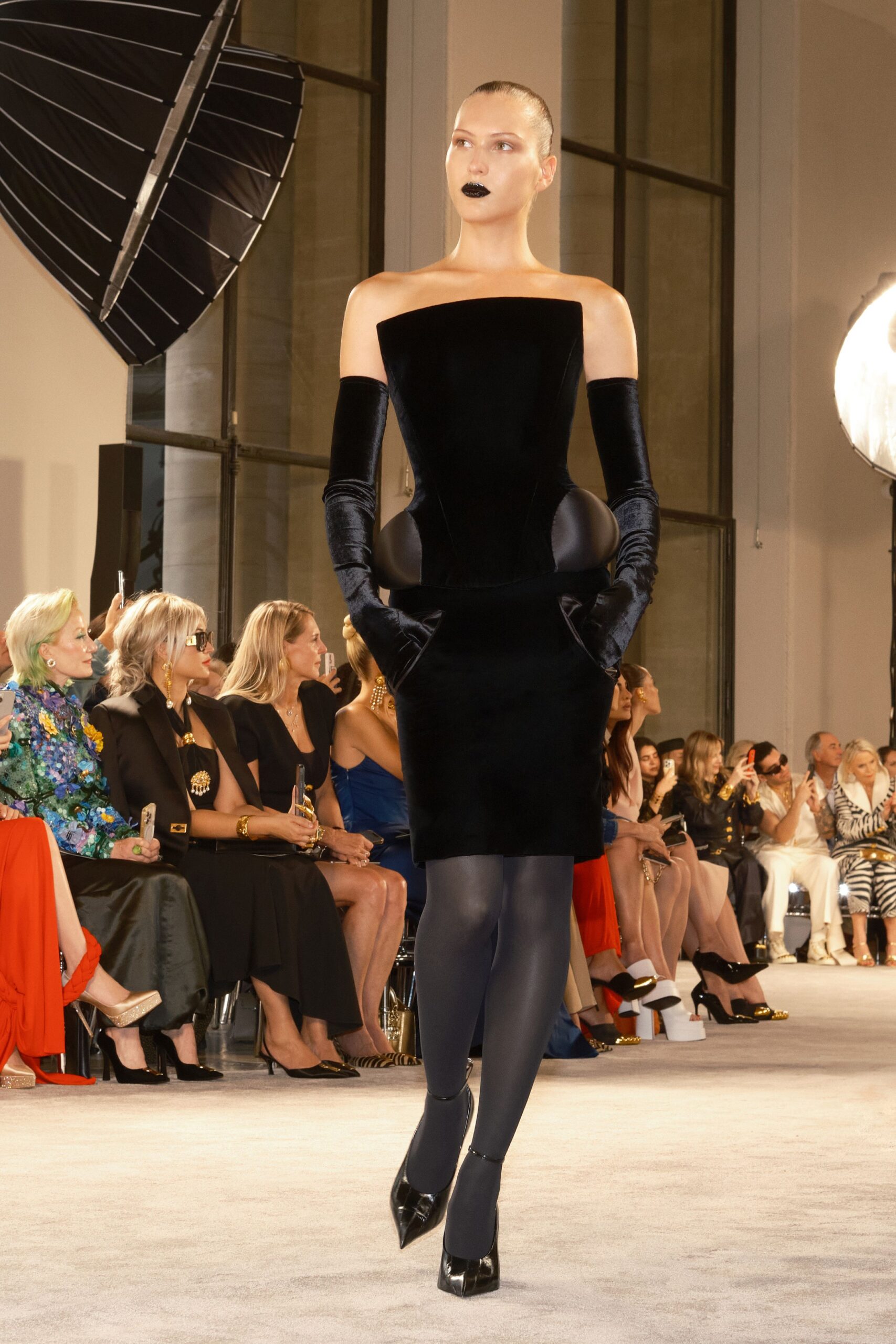 black velvet off-shoulder midi dress