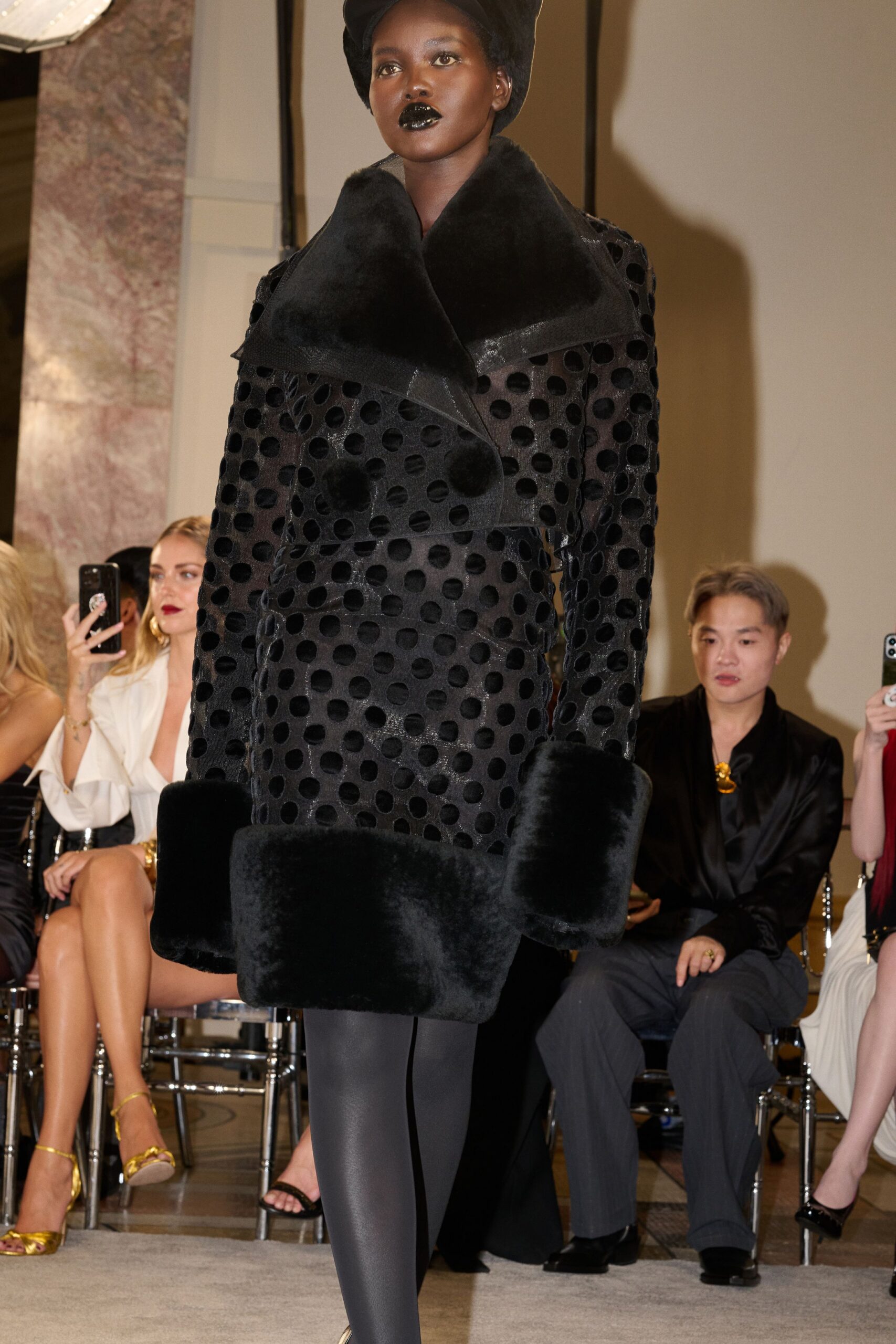 black faux-fur polka-dot coat