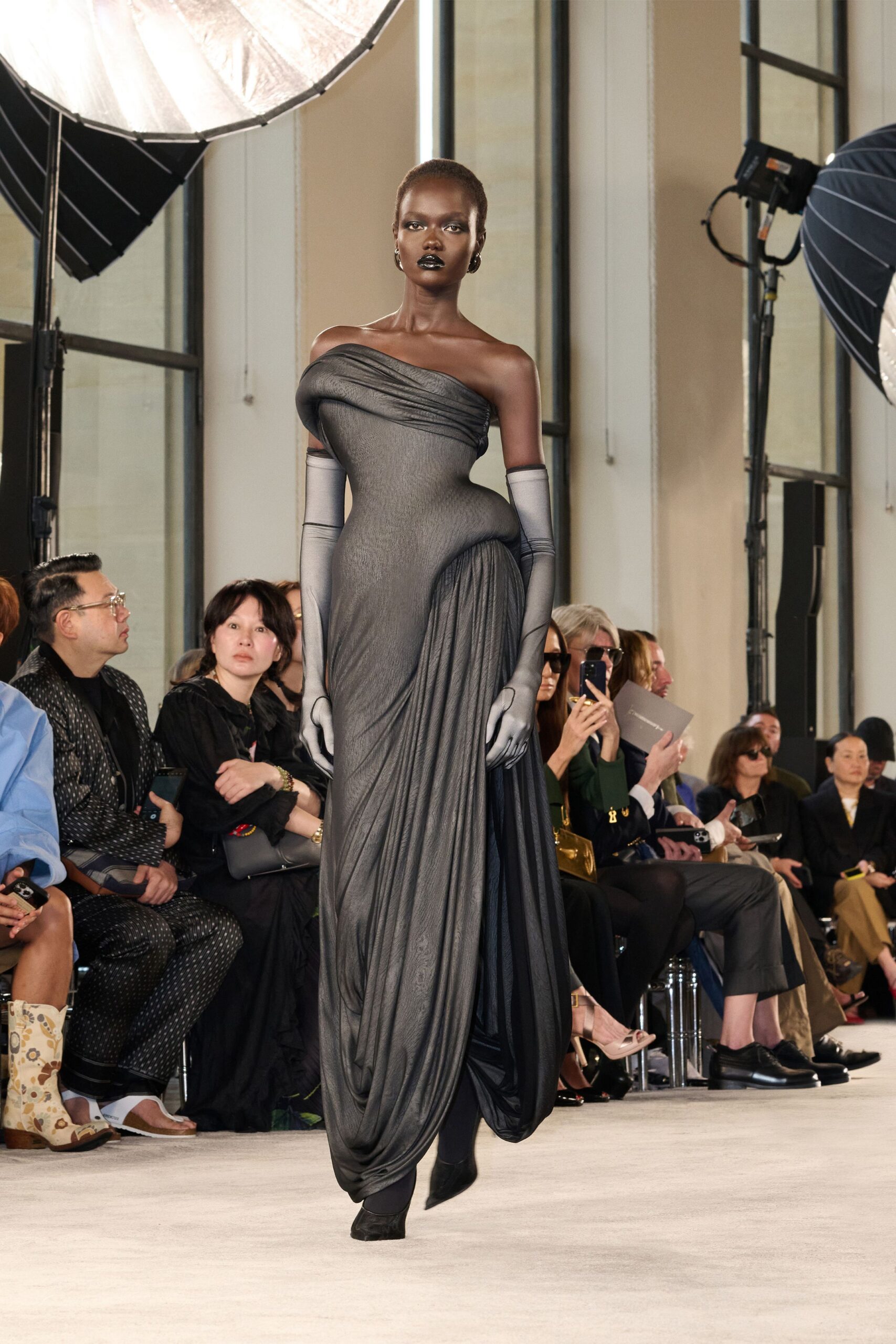 black silk off-shoulder gown