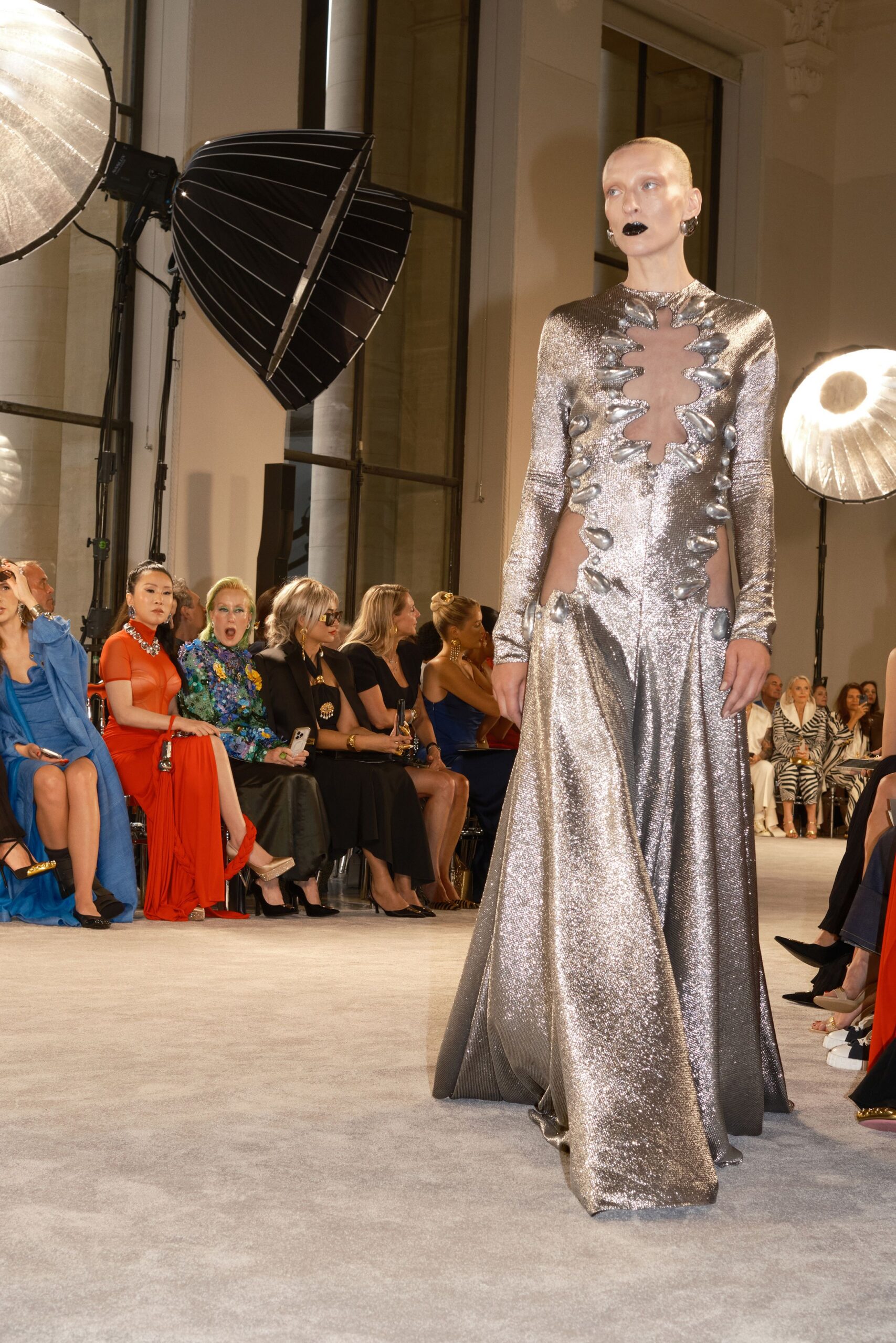 fitted silver metallic gown