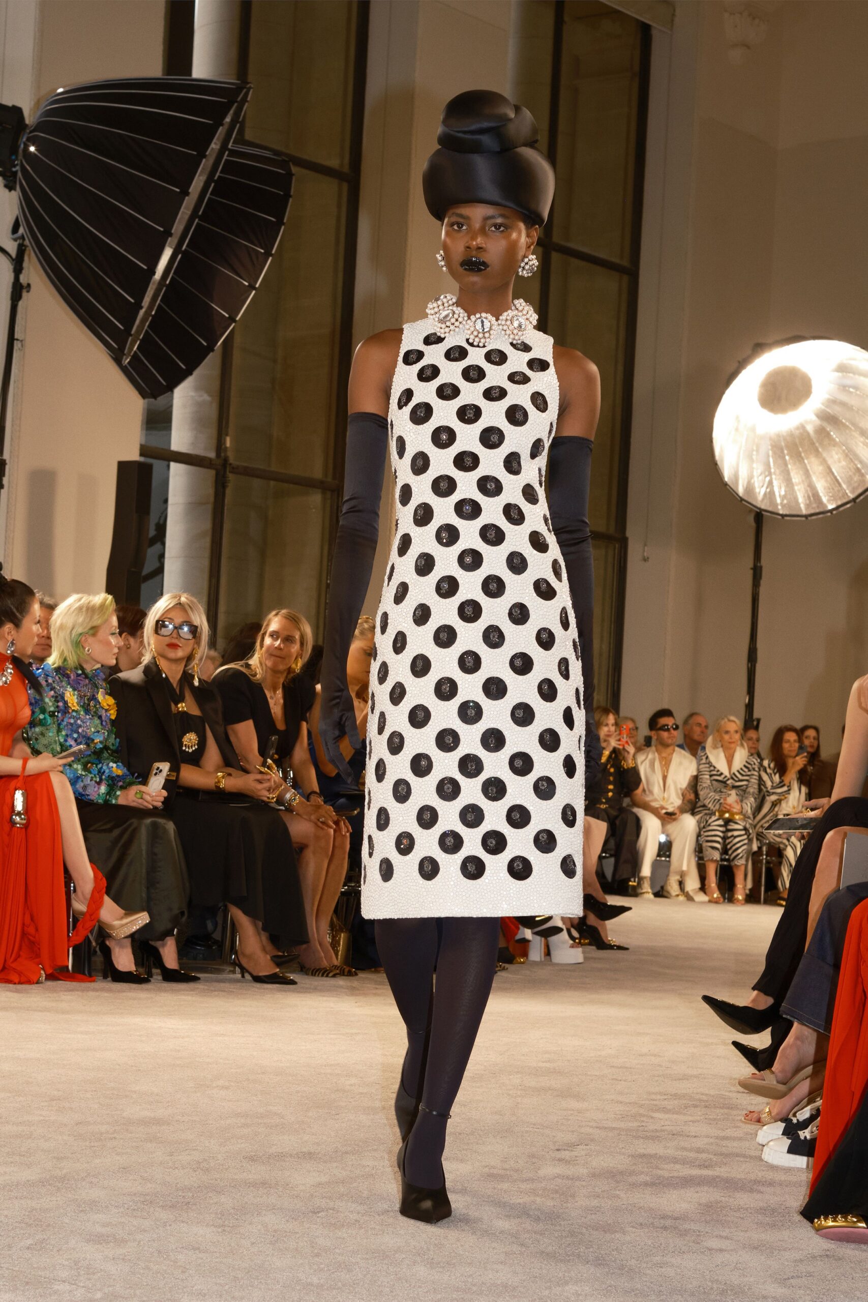 black and white polka-dot midi dress
