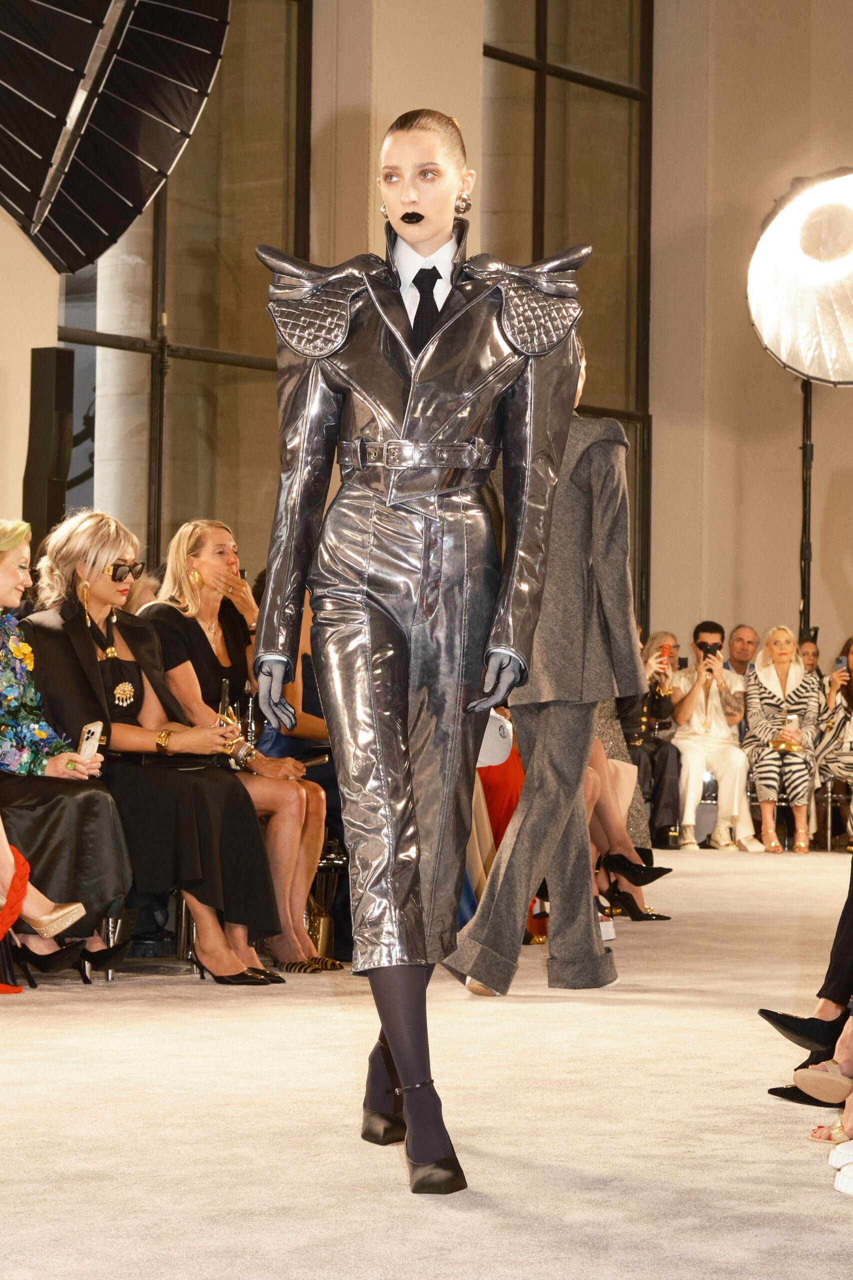 silver vinyl fitted dress with structured shoulders