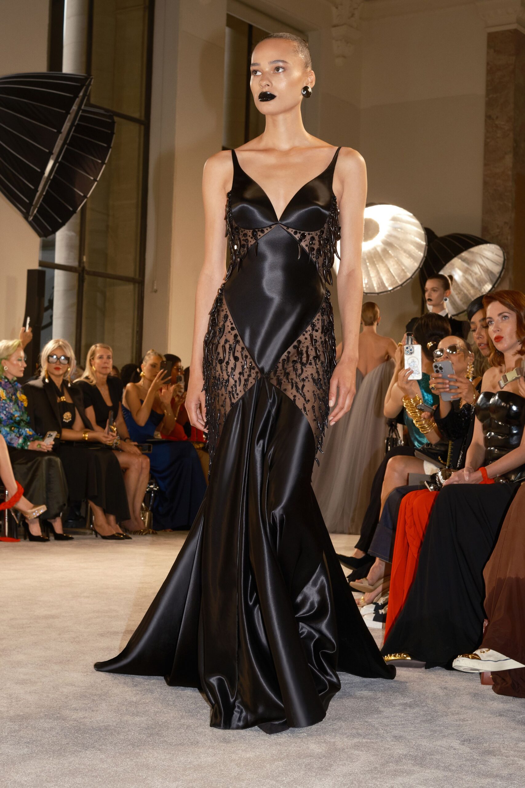 black silk sleeveless gown