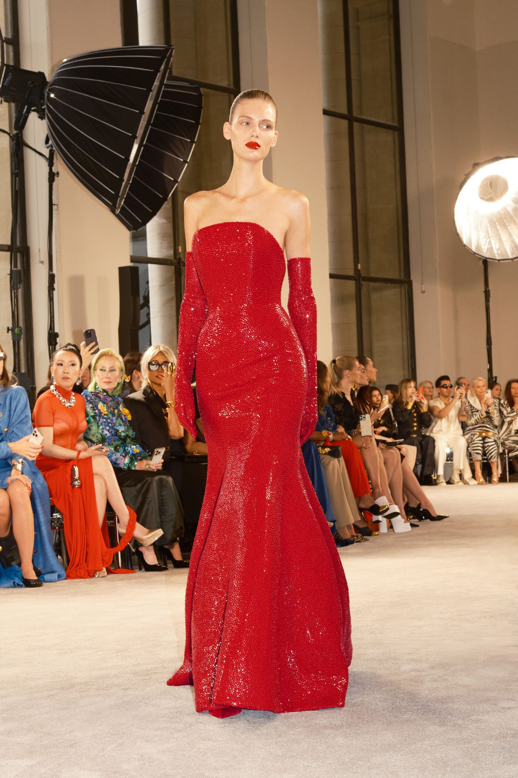 red sequin strapless gown
