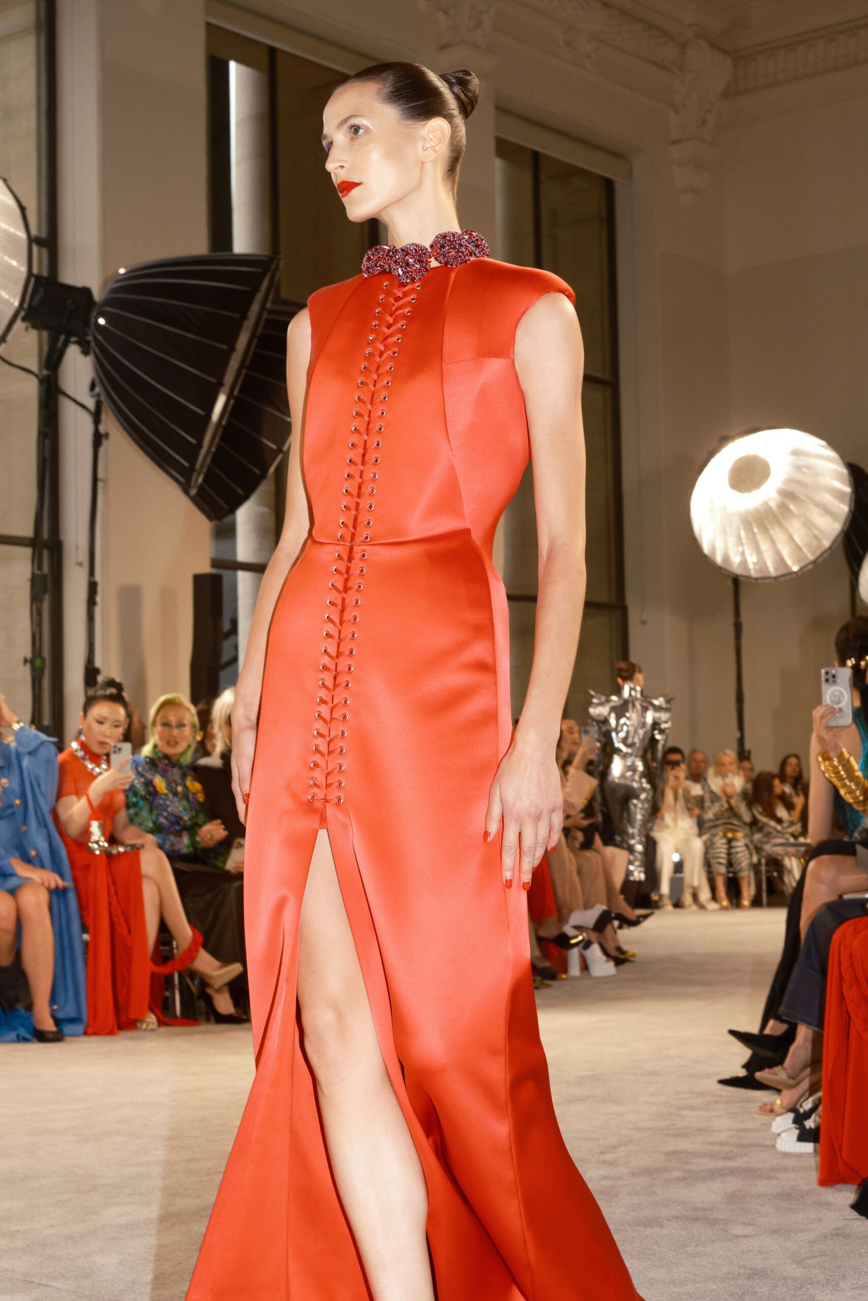fitted red satin gown
