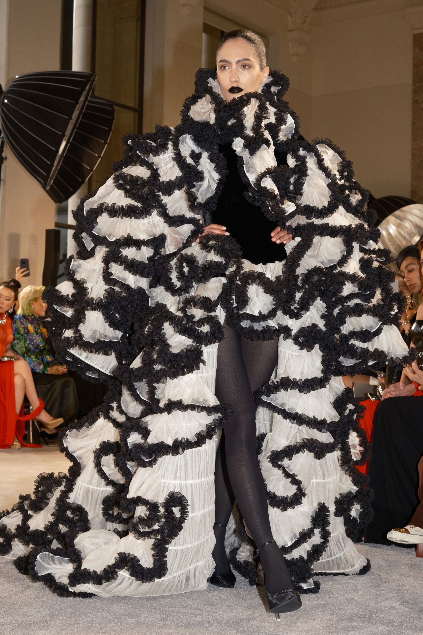 black and white ruffled gown