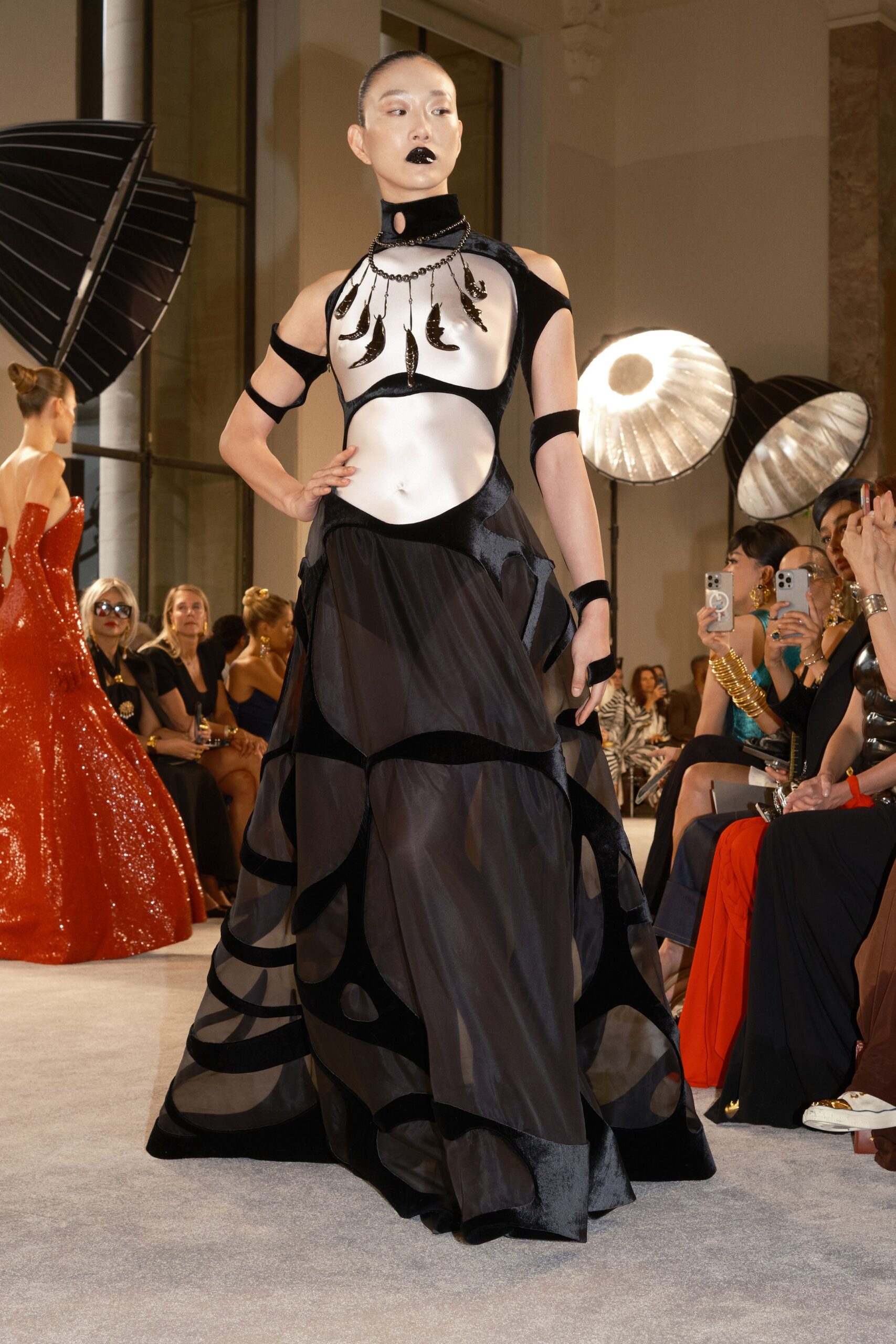 black silk sleeveless gown