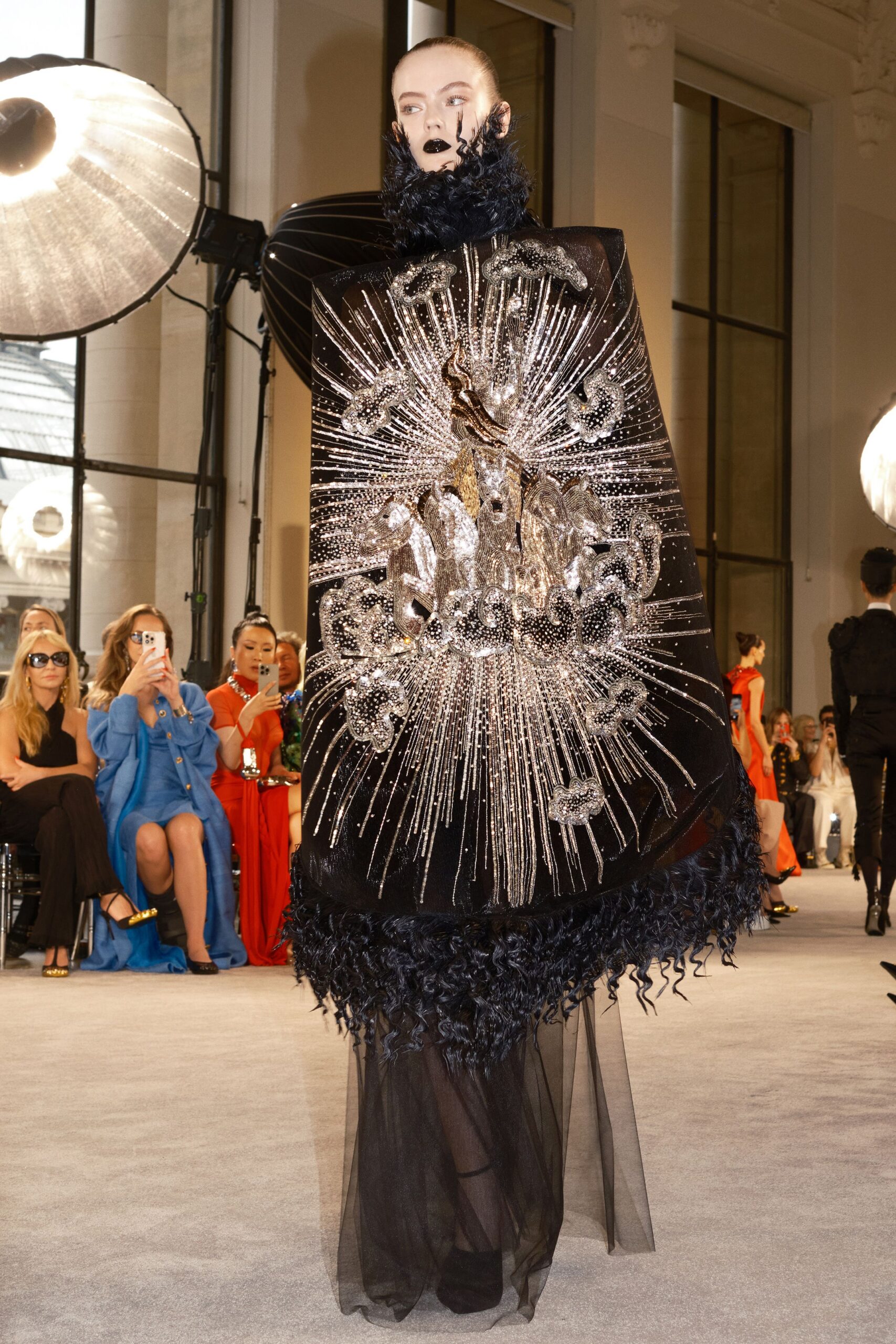 black embroidered cape with tulle skirt