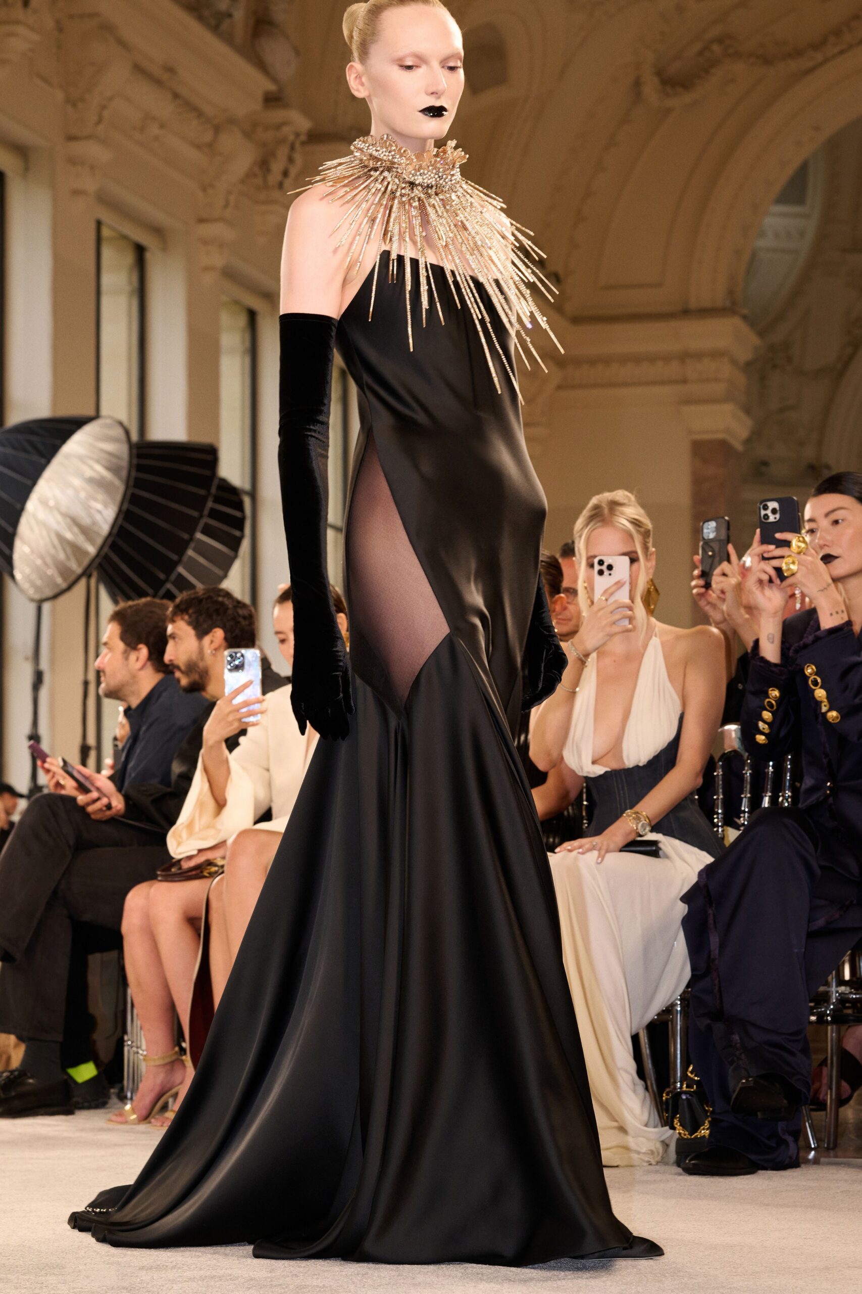 black silk fitted gown with gloves