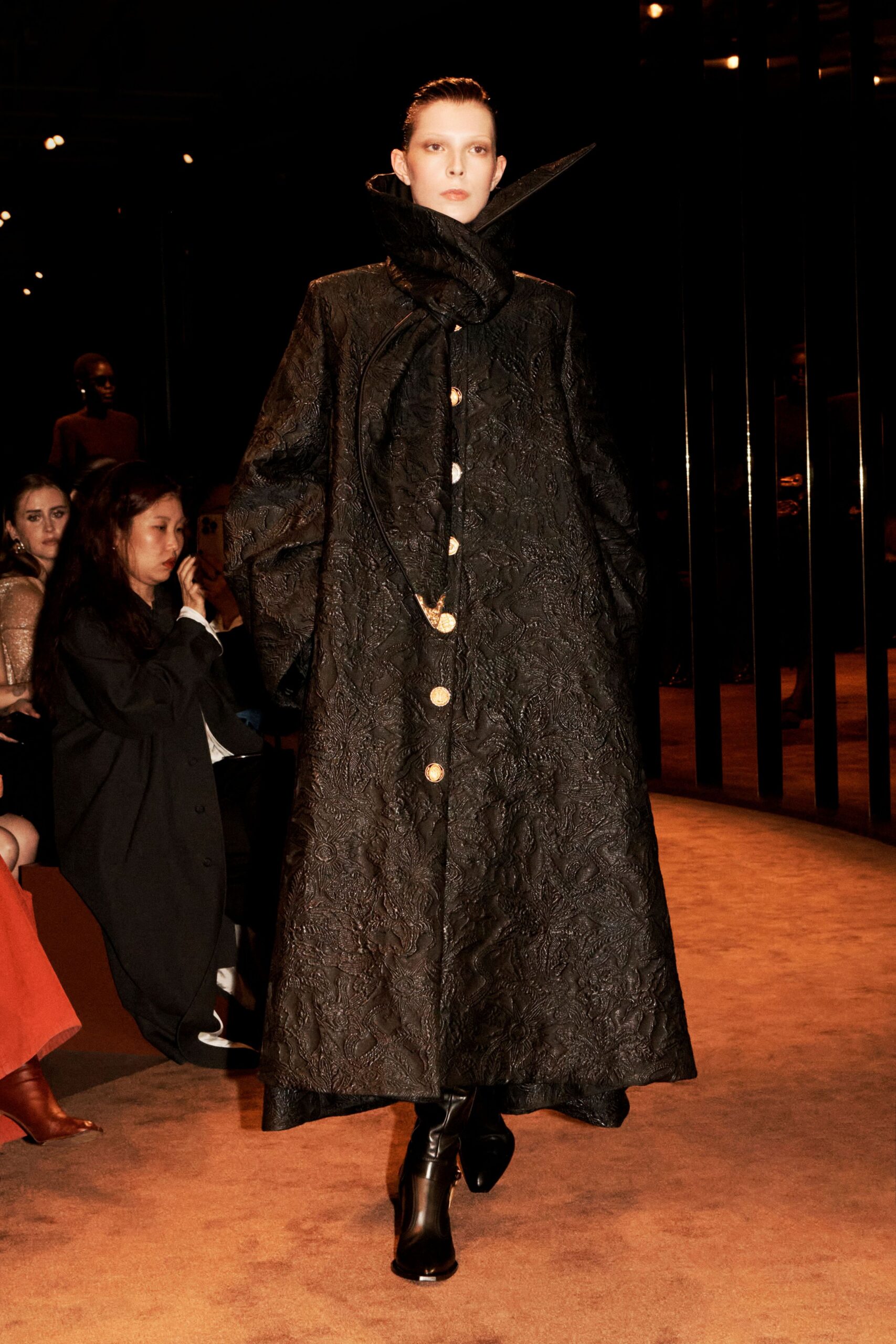 black silk long-sleeve collared fitted embroidered buttoned coat