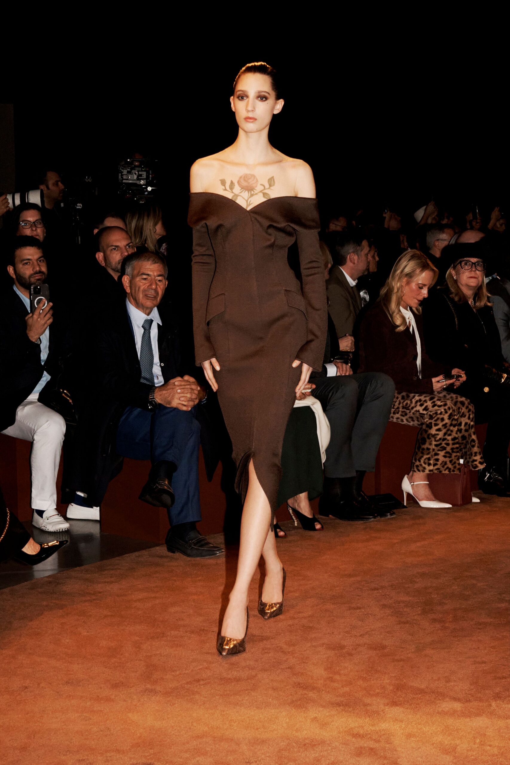 brown cotton off-shoulder slit fitted midi dress