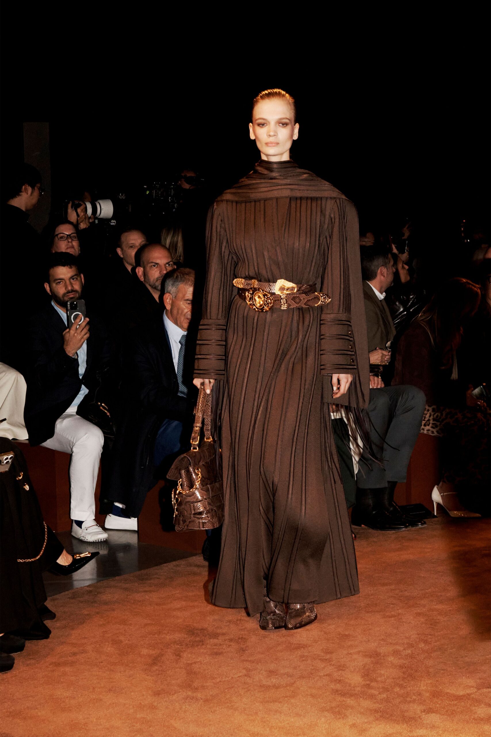brown silk long-sleeve high-neck fitted pleated belted dress