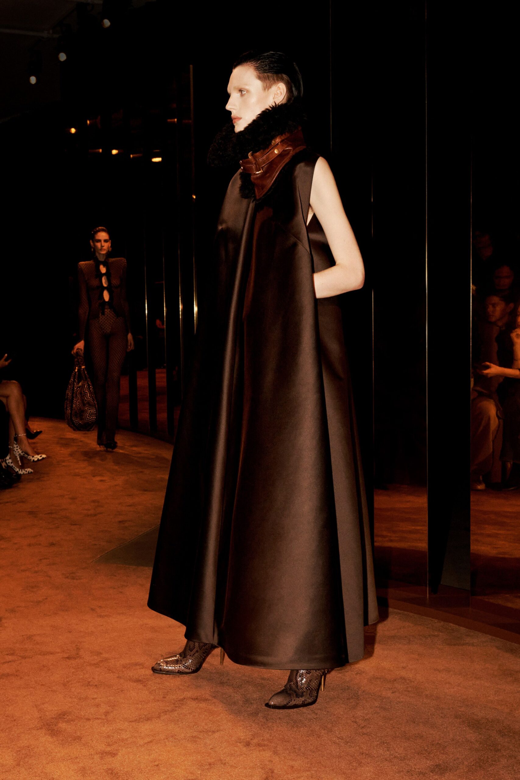 brown silk sleeveless high-neck fitted draped maxi dress