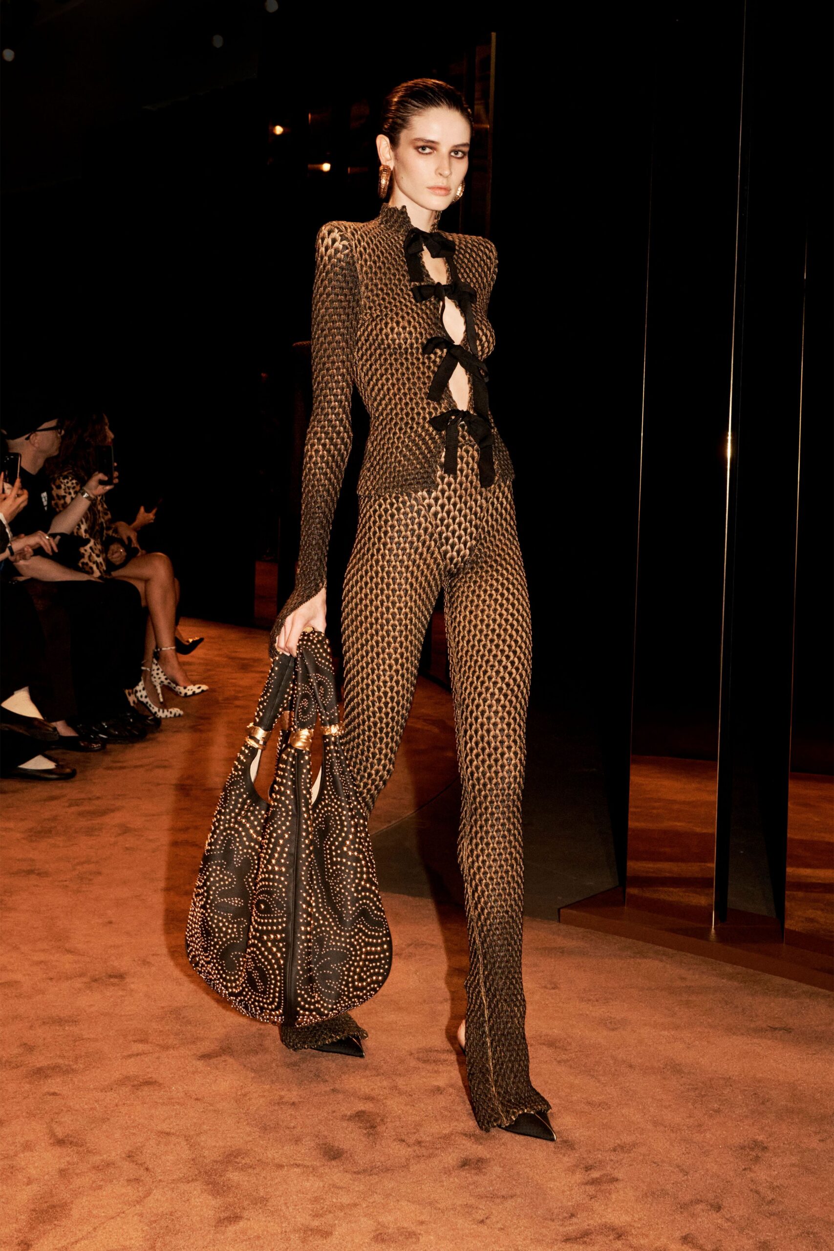 black mesh long-sleeve v-neck fitted textured catsuit
