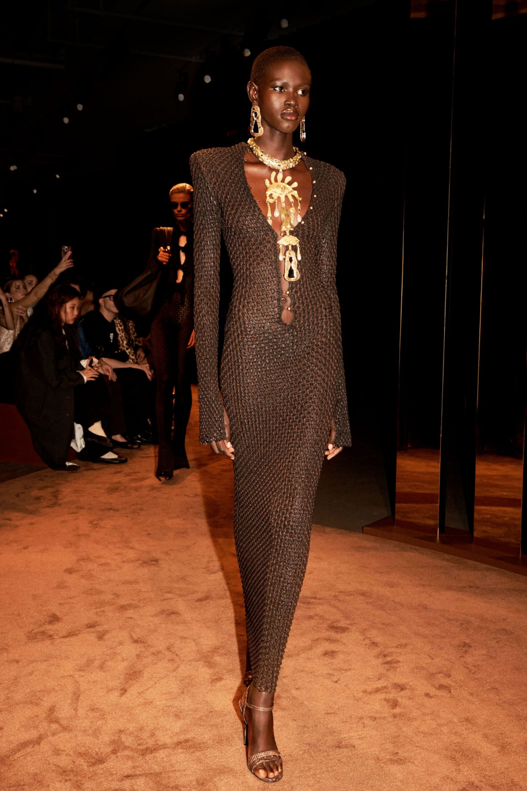 black mesh long-sleeve v-neck fitted textured midi dress
