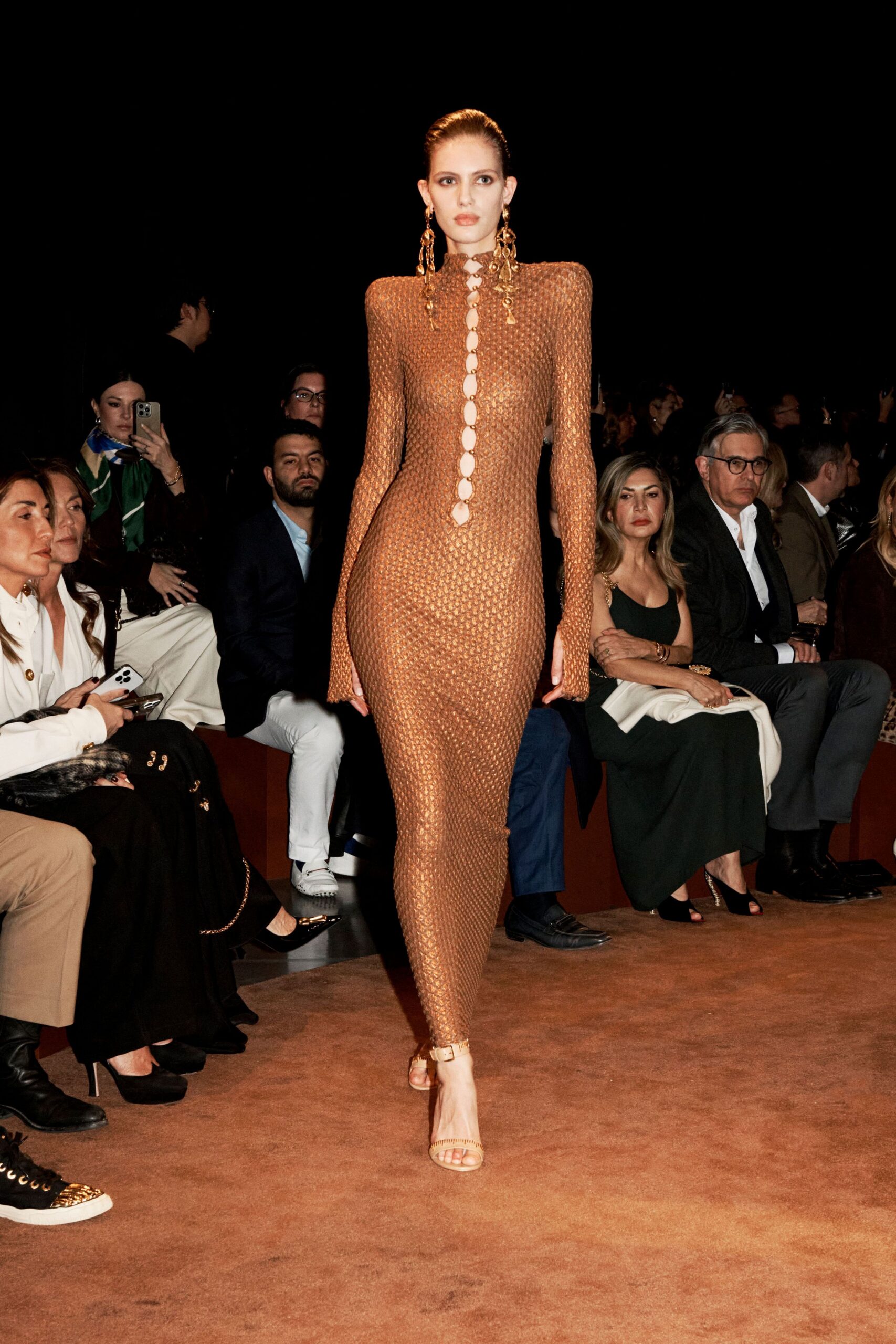 beige mesh long-sleeve v-neck fitted ruched sheer dress