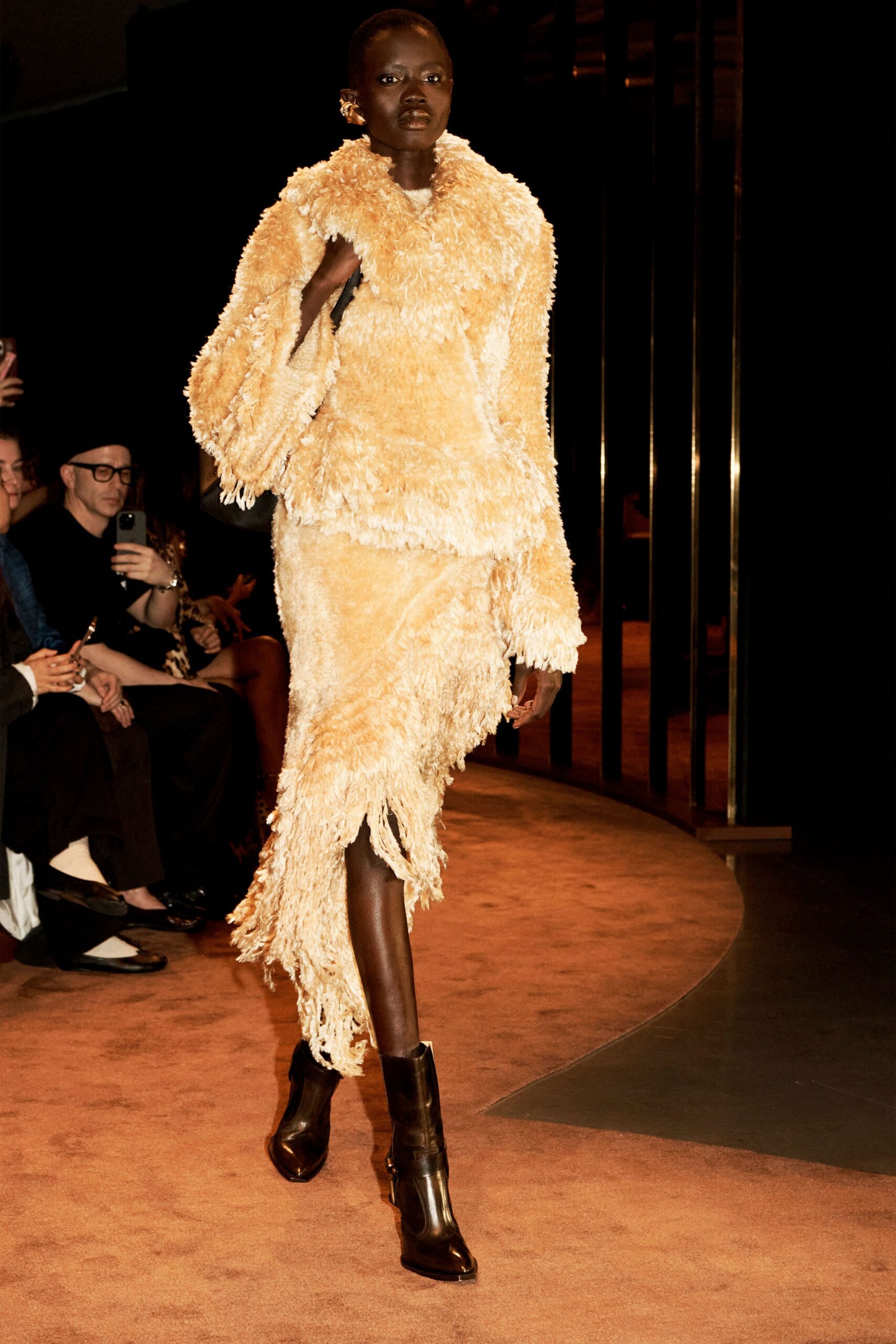 orange fur asymmetric fitted fringed midi skirt