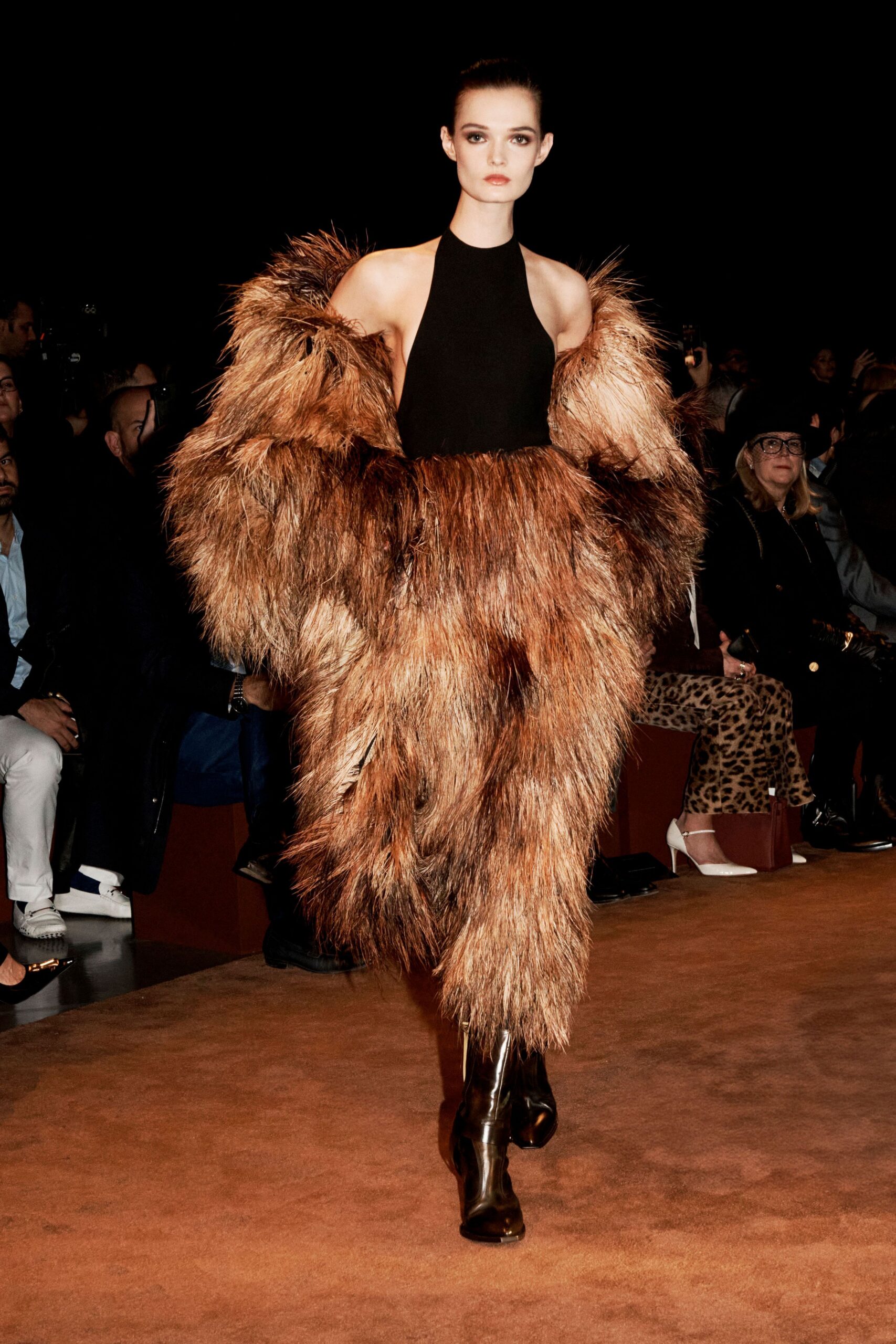 black faux-fur sleeveless high-neck fitted layered jumpsuit