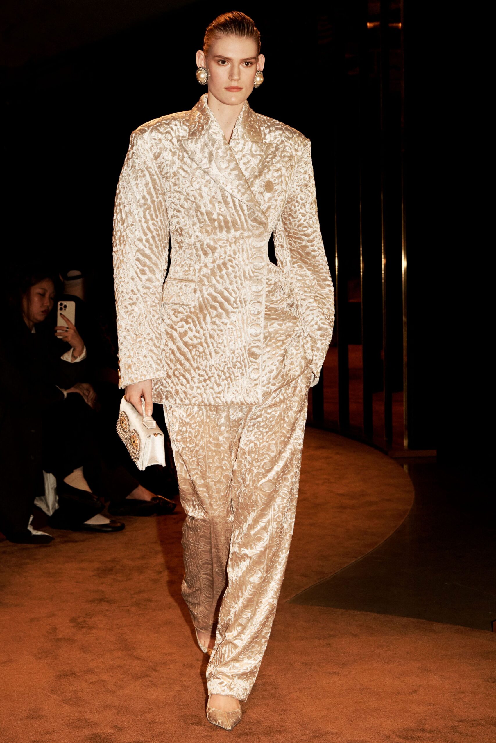 beige silk long-sleeve collared tailored embellished suit
