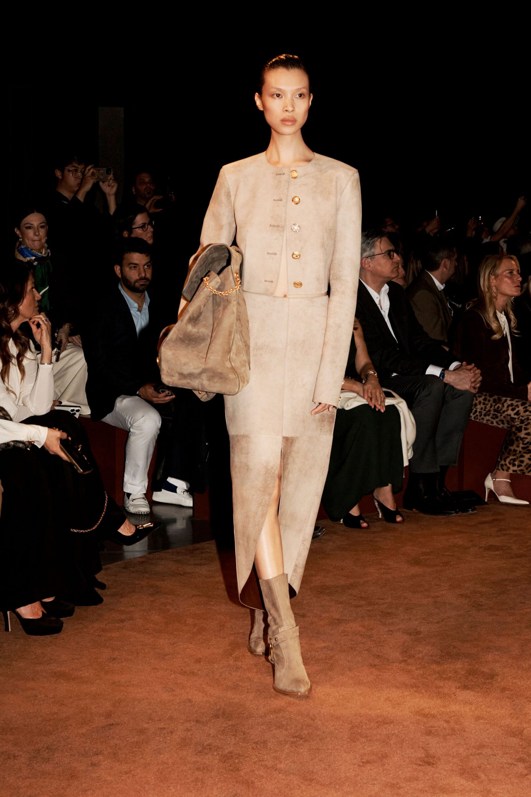 beige suede long-sleeve collared fitted buttoned midi dress