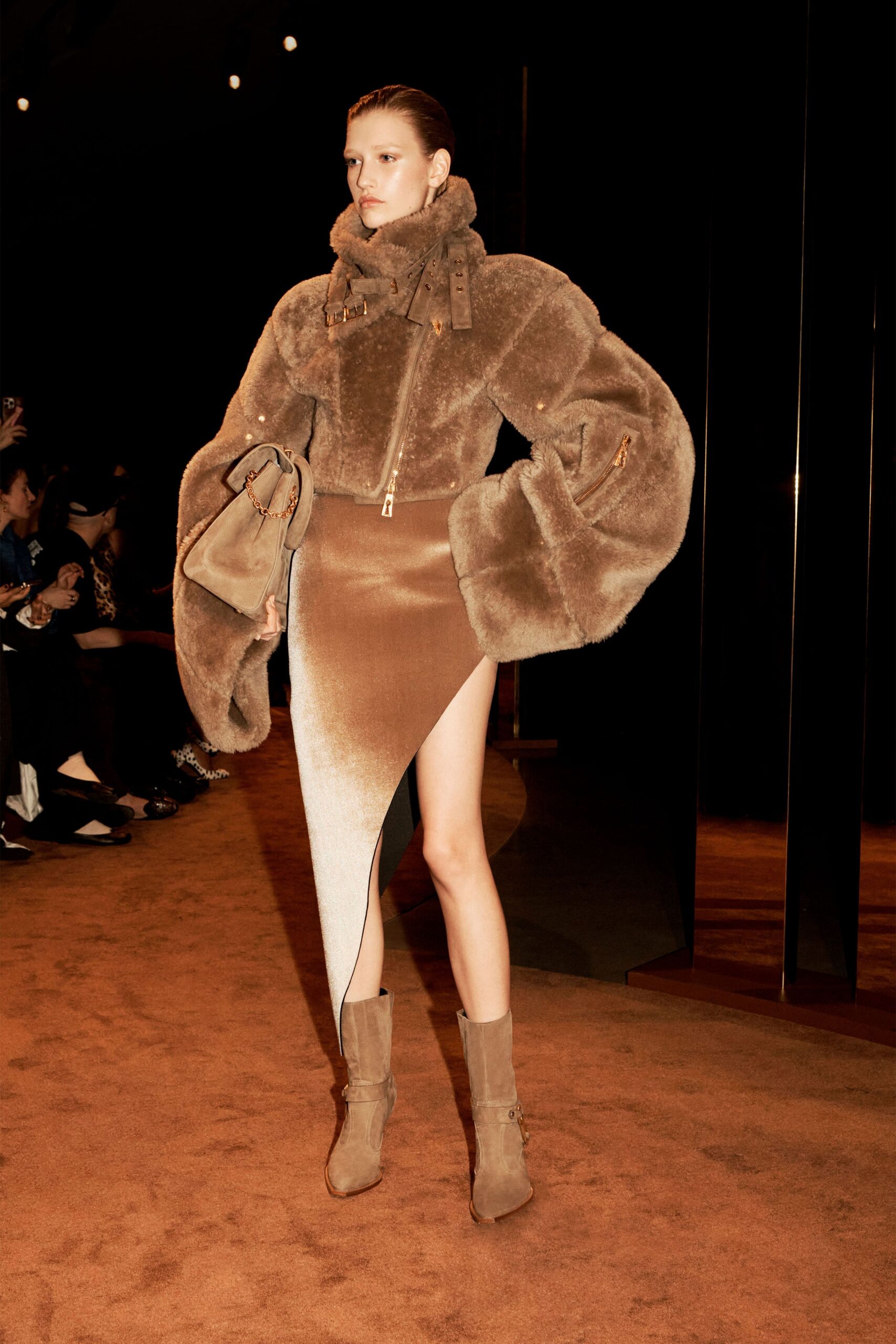 brown faux-fur asymmetric fitted mini skirt