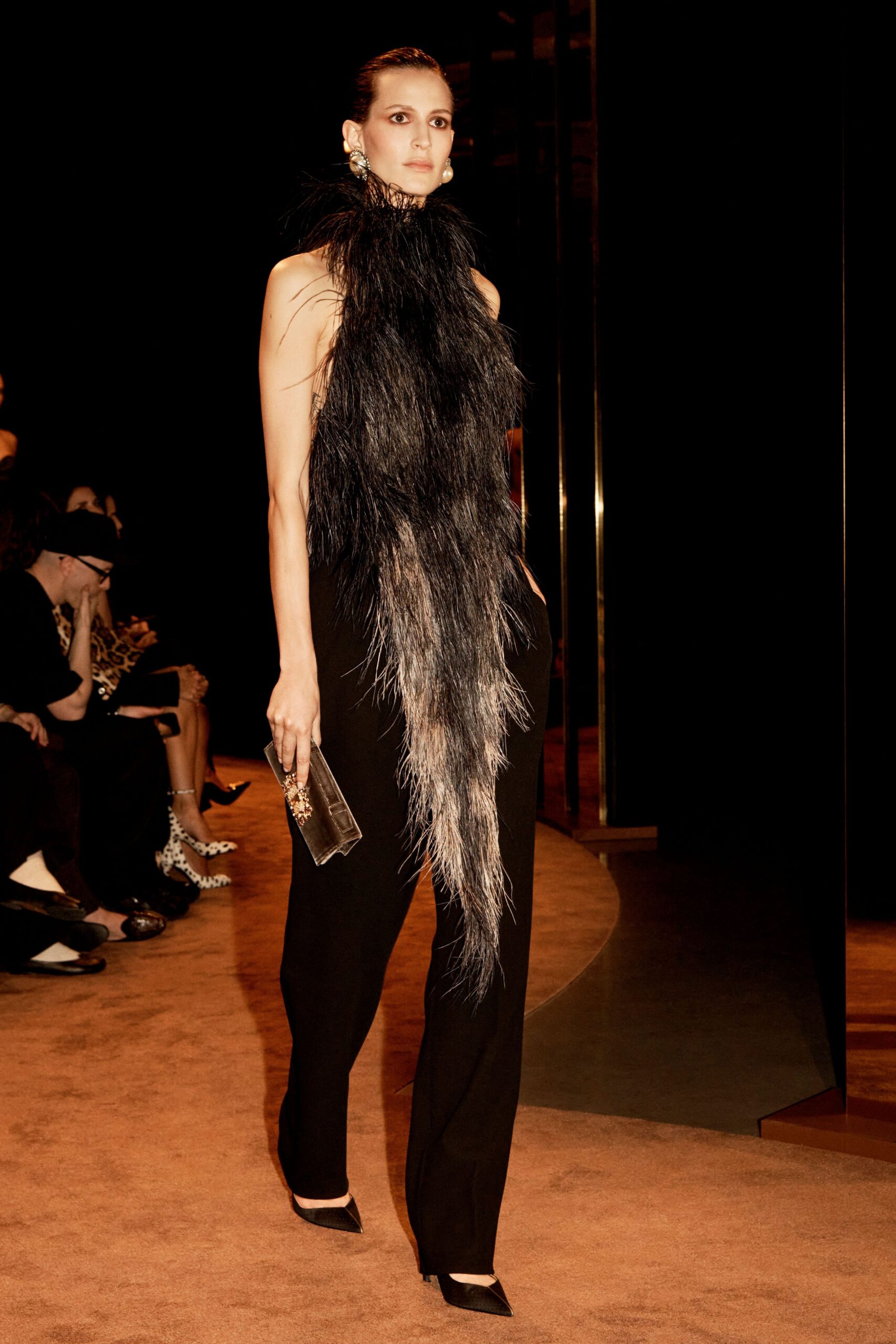 black silk sleeveless high-neck fitted layered jumpsuit